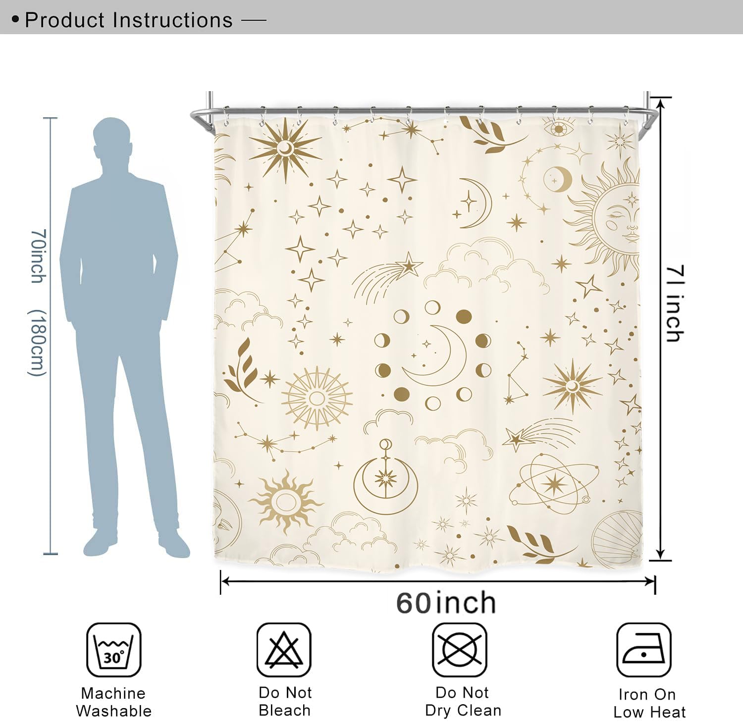 Miyotaa Moon Phase Celestial Shower Curtain Set 60Wx71H Inches Mysterious Constellation Astrology Beige Crescent Tarot Witchy Po
