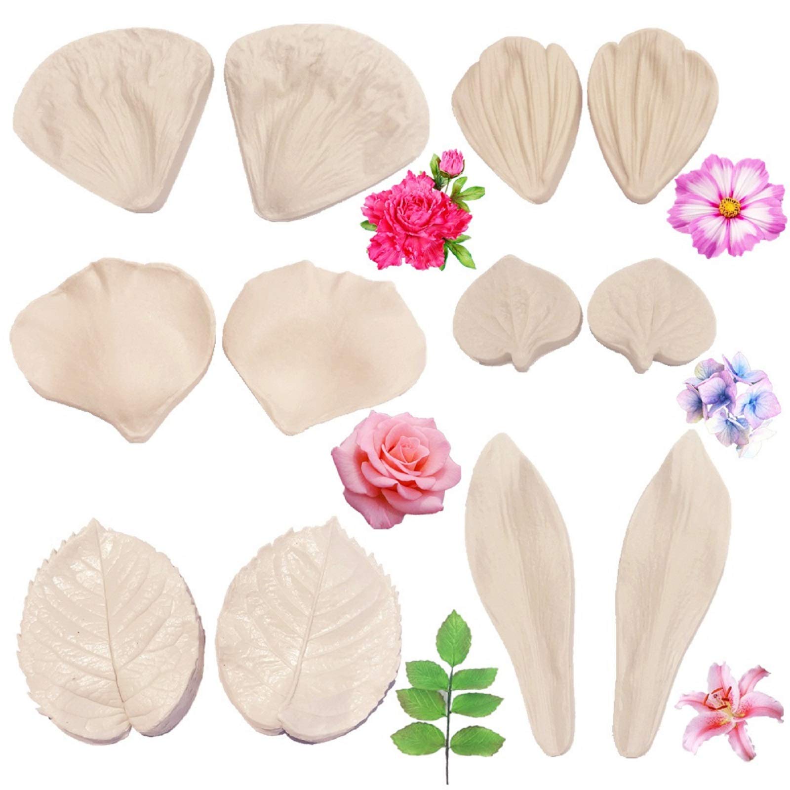 6Set Gum Paste Flowers Mold,Fondant Silicone Veining Mold,Sugarcraft Flower Making Tools For Peony Rose Lily Daisy Hydrangea Flo