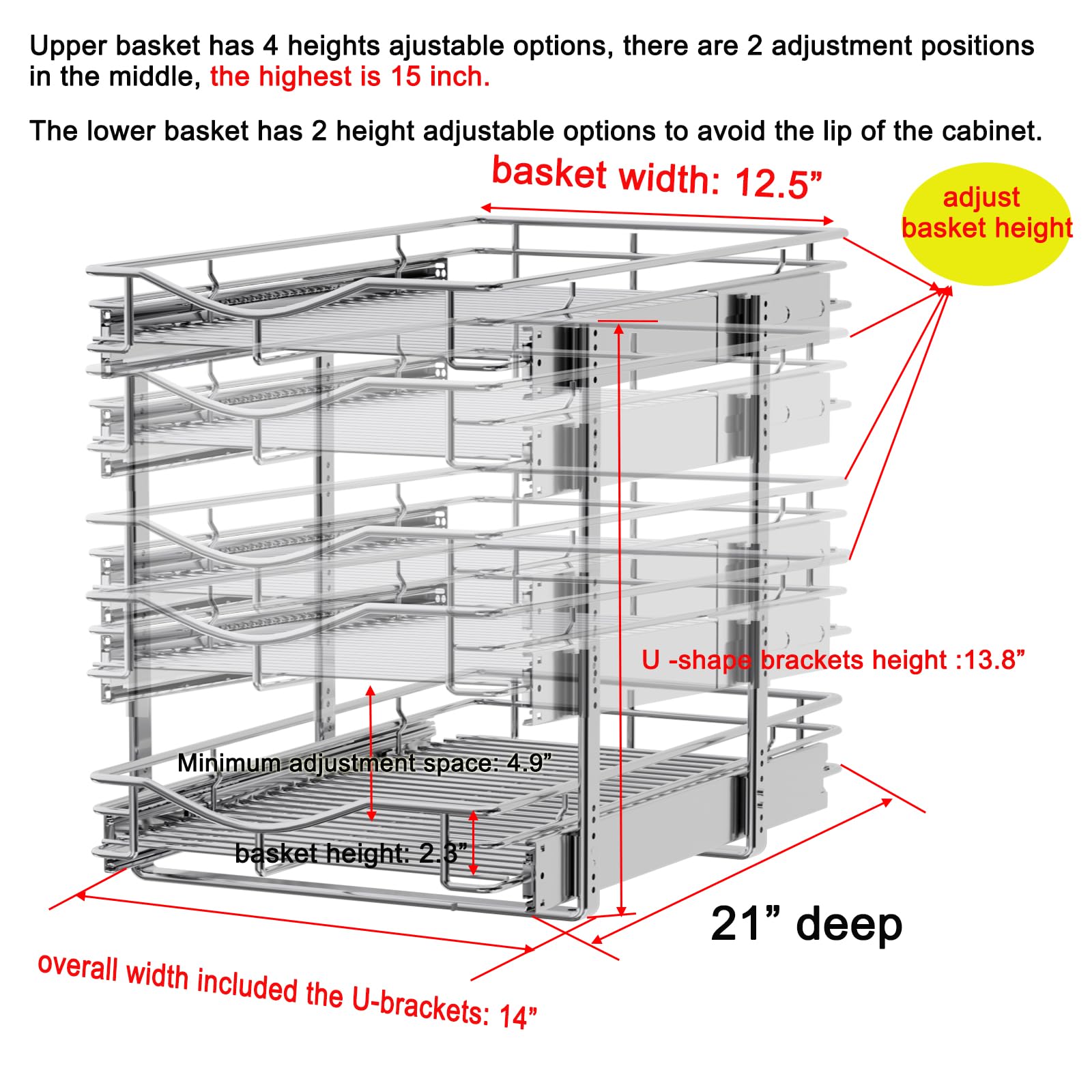 Dindon Pull Out Cabinet Organizer (14'' W X 21'' D), Cabinet Pull Out Shelves, 2 Tier Pull Out Drawers For Kitchen Cabinets, Wir