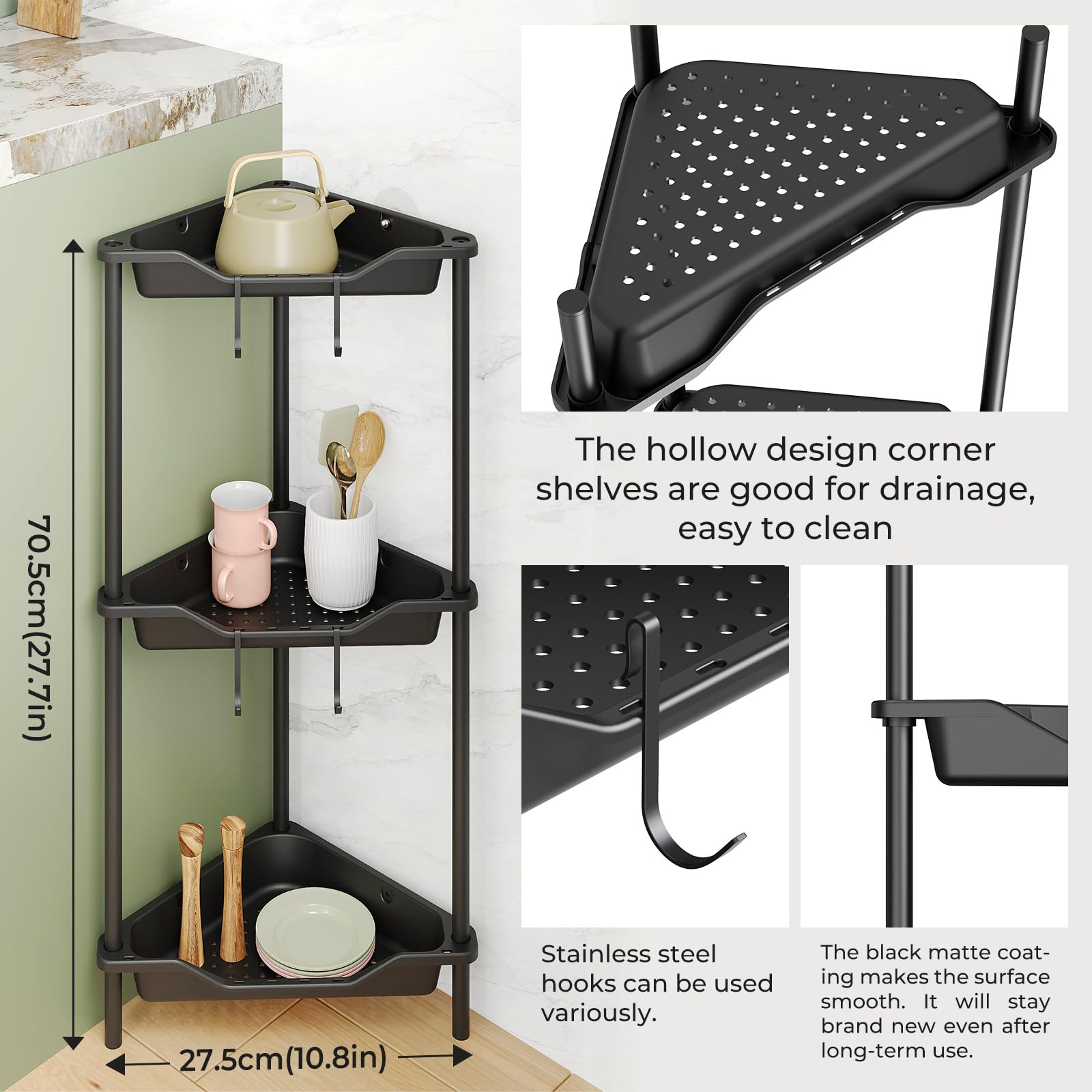 Odesign 3 Tier Floor Standing Corner Shower Caddy Organizer Plastic Metal Splicing Shelf Storage Rack For Bathroom Black - Rustp