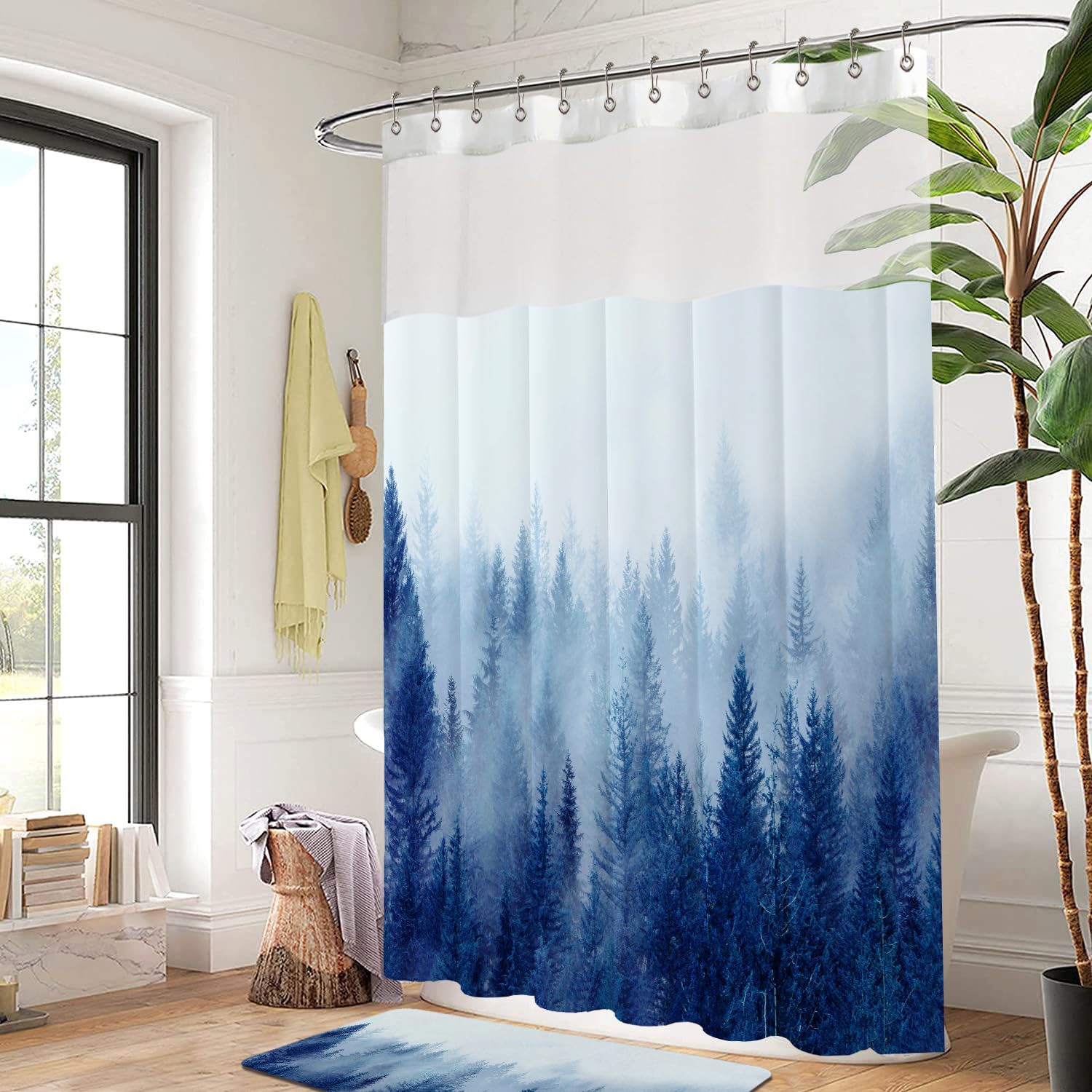 Ortigia Double Misty Forest Shower Curtain Set With Snap In Liner For Bathroom, Blue Nature Shower Curtains With See Through Top