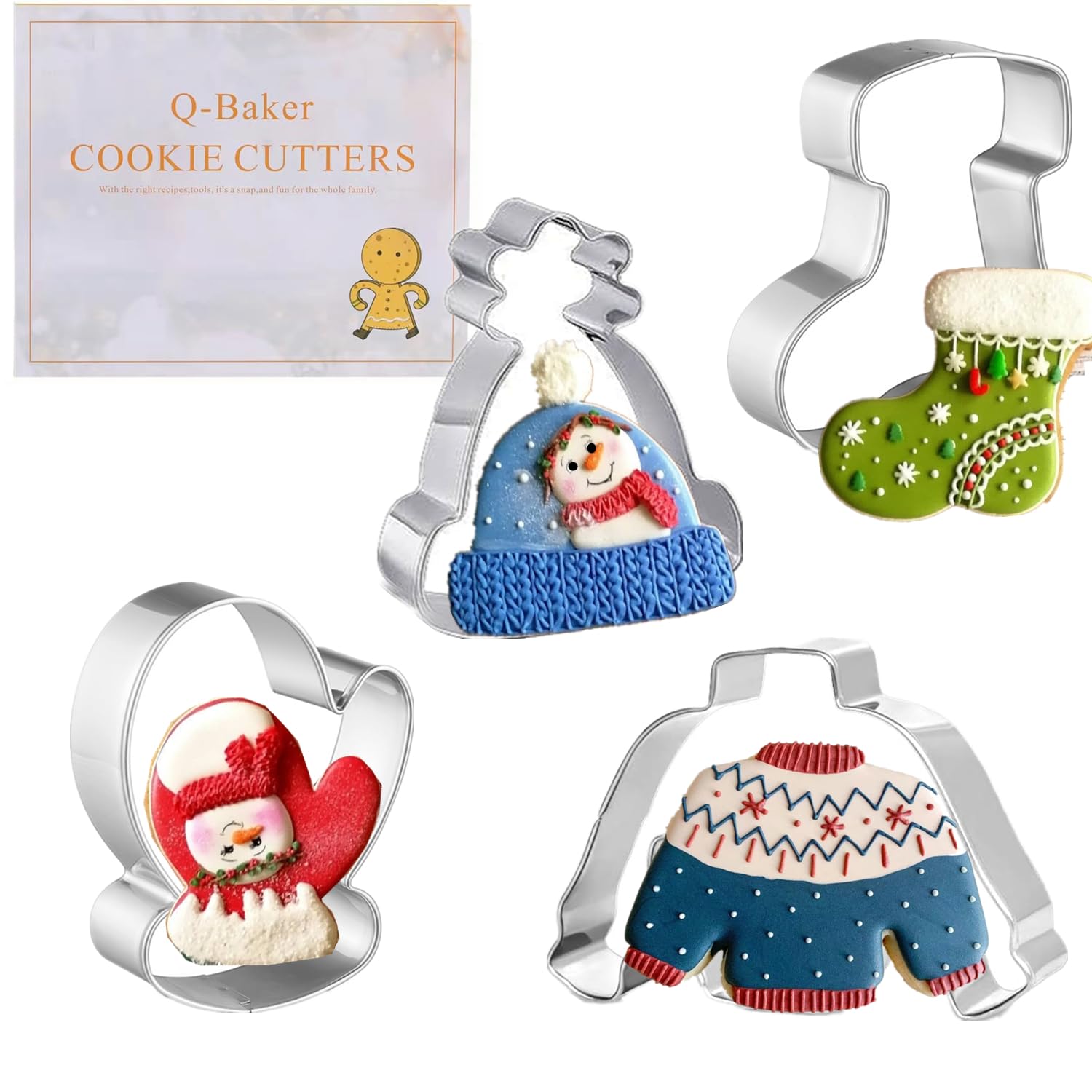 Q-Baker Christmas Cookie Cutters 4Pcs Winter Holiday Cookie Cutter Set Stainless Steel With Winter Hat, Ugly Sweater, Mitten,Sto