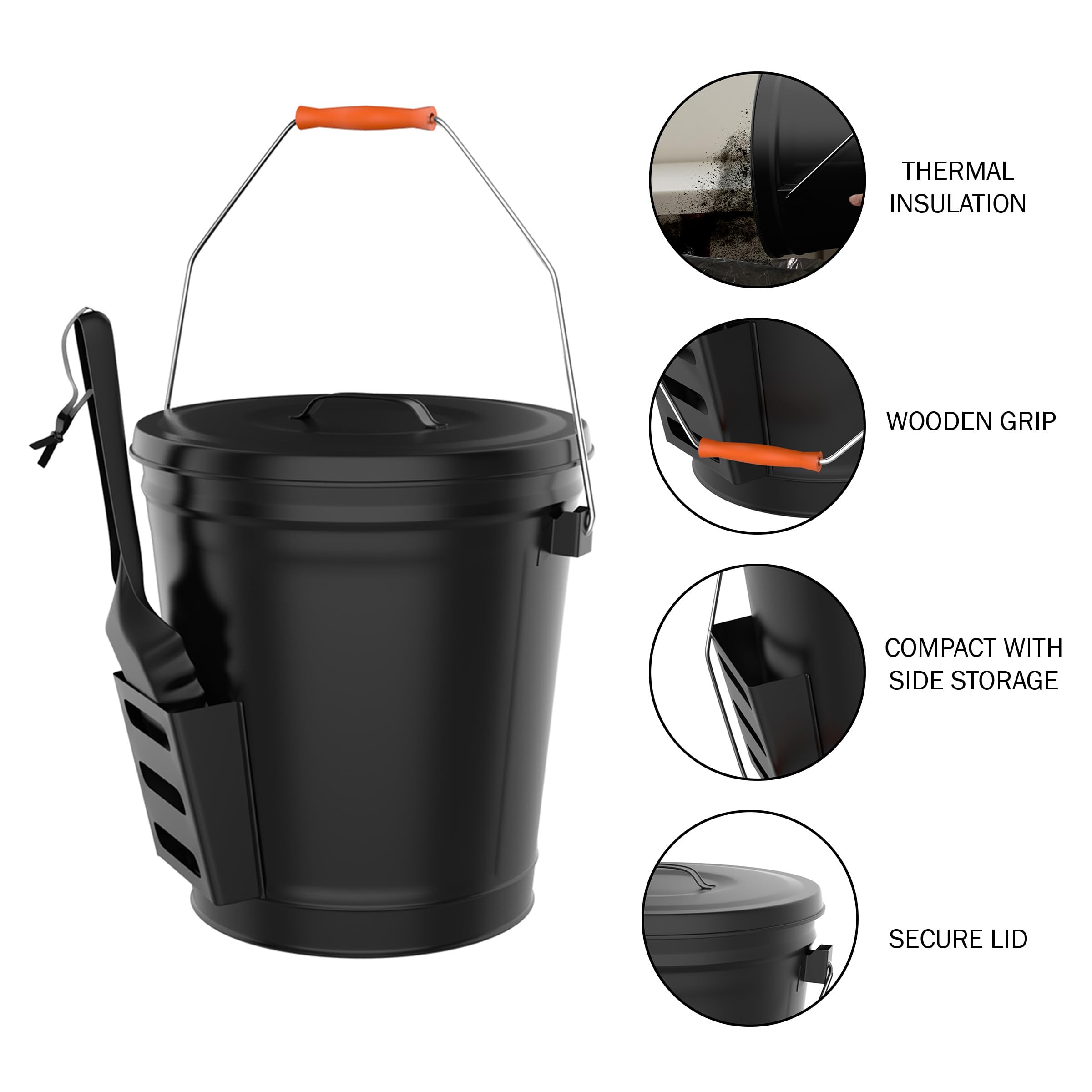 Home-Complete 4.75 Gallon Black Ash Bucket With Lid And Shovel-Essential Tools For Fireplaces, Fire Pits, Wood Burning Stoves-He