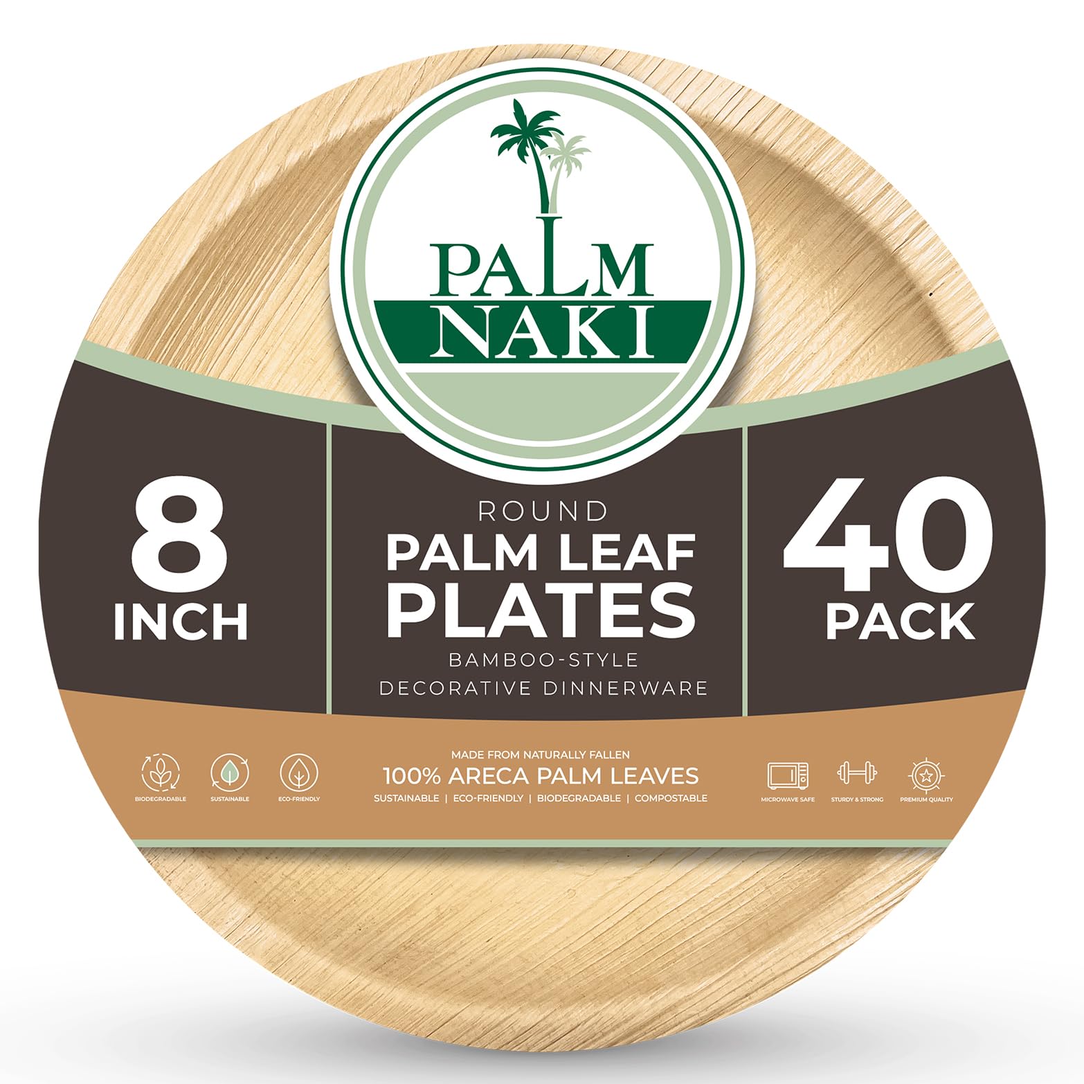 PALM NAKI Palm Leaf Plates | 8 Round | Compostable Bamboo-Style Decorative Plates | Ideal for Events, Gatherings, and Everyday E
