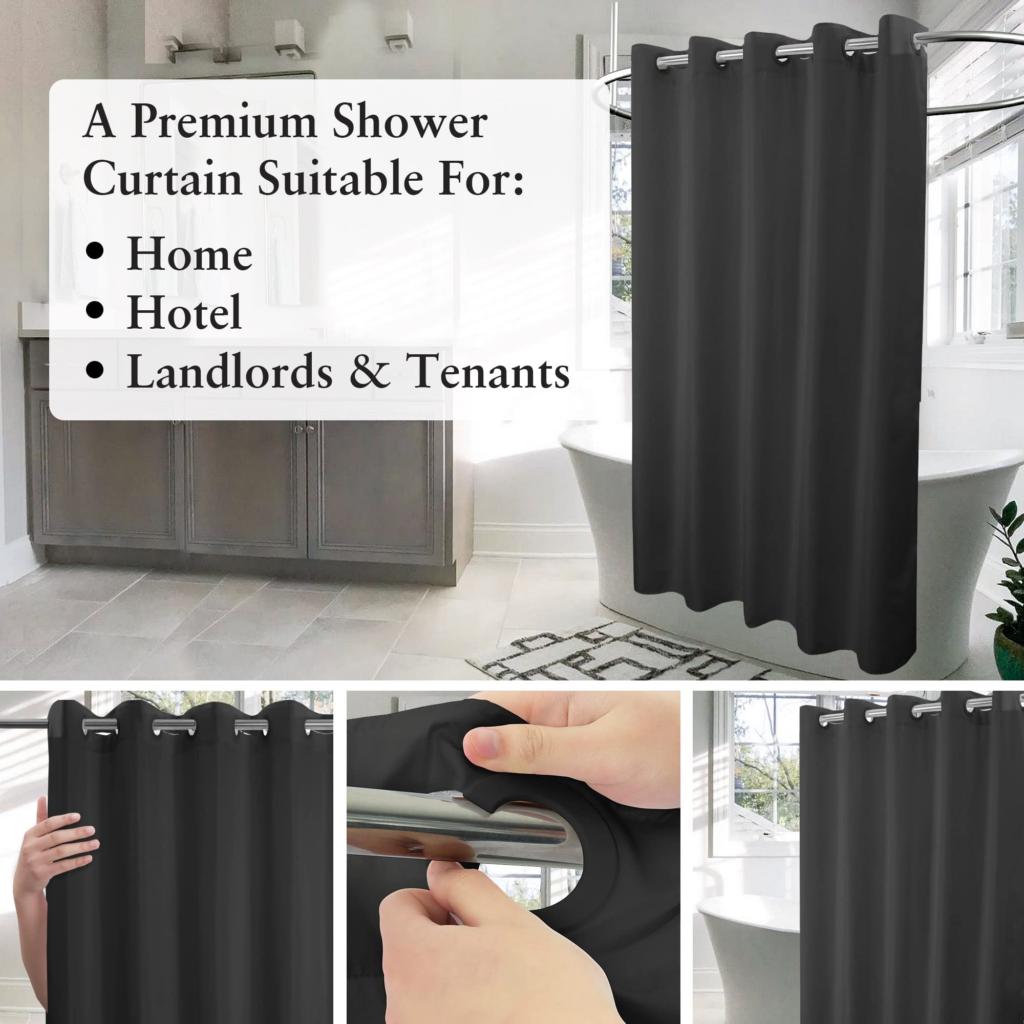 River Dream No Hook Black Shower Curtain Microfiber Waterproof - Soft Fabric Shower Curtain Or Liner Washable, Hotel Cloth Showe