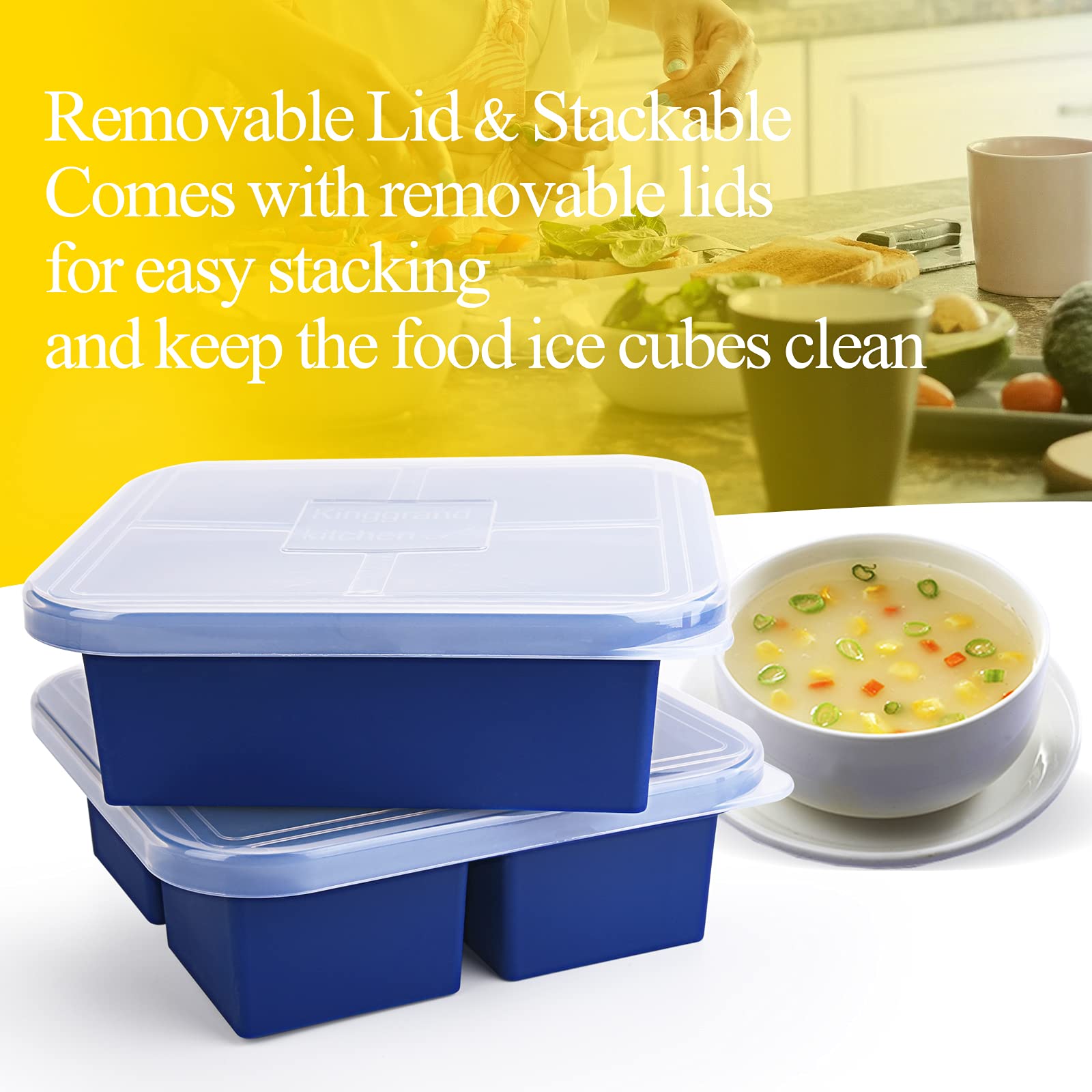 Kinggrand Kitchen 1-Cup Silicone Freezer Tray With Lid - 1 Pack - Make 4 Perfect 1-Cup Portions - Easy Release Molds For Food St