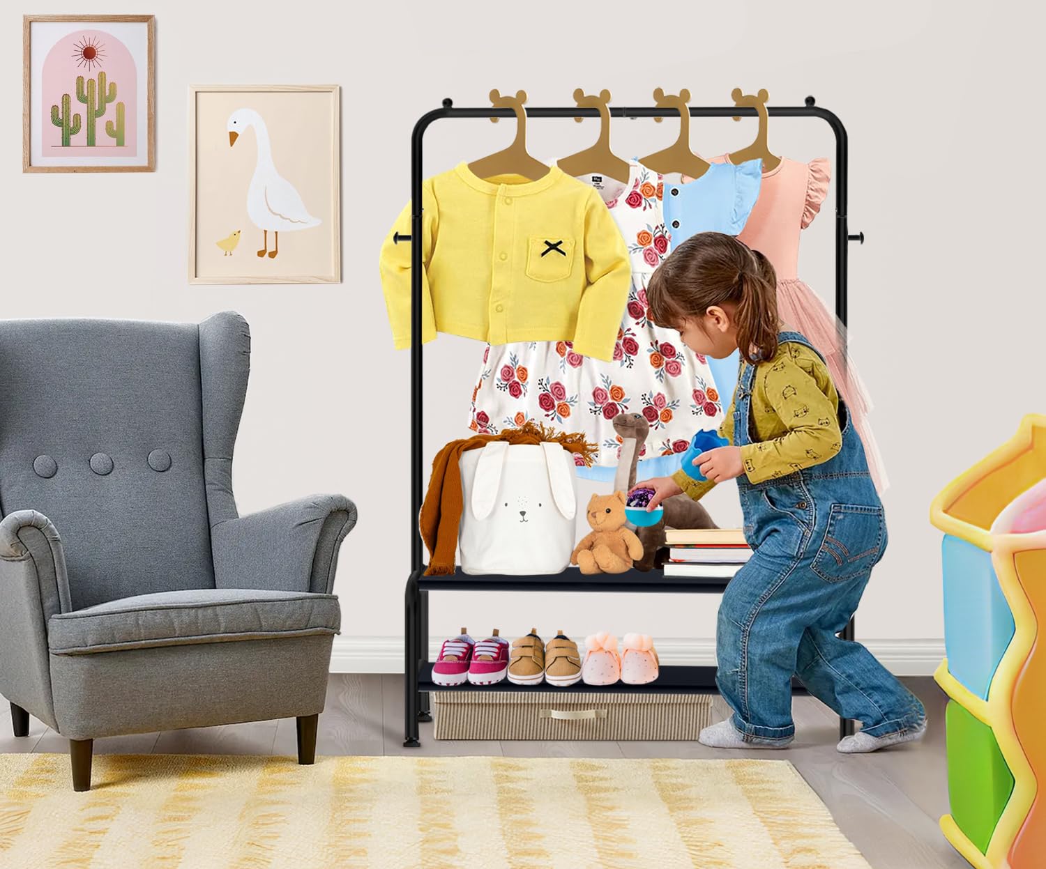 Kids Clothing Rack - Kids Dress Up Clothes Storage Racks - Baby Toddler Clothes Rack - Small Kids Costume Wardrobe Rack With 2 F