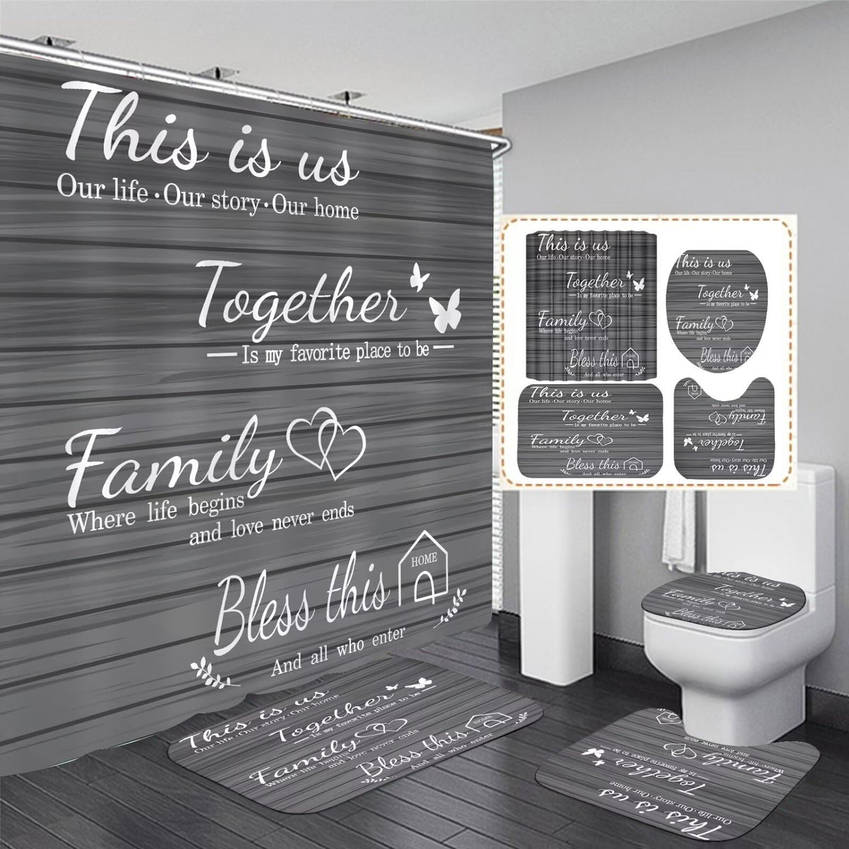 Azhm Family Shower Curtain Set Gray Home Bathroom Set With Shower Curtain And Rugs And Accessories Bathroom Decor Curtain With 1