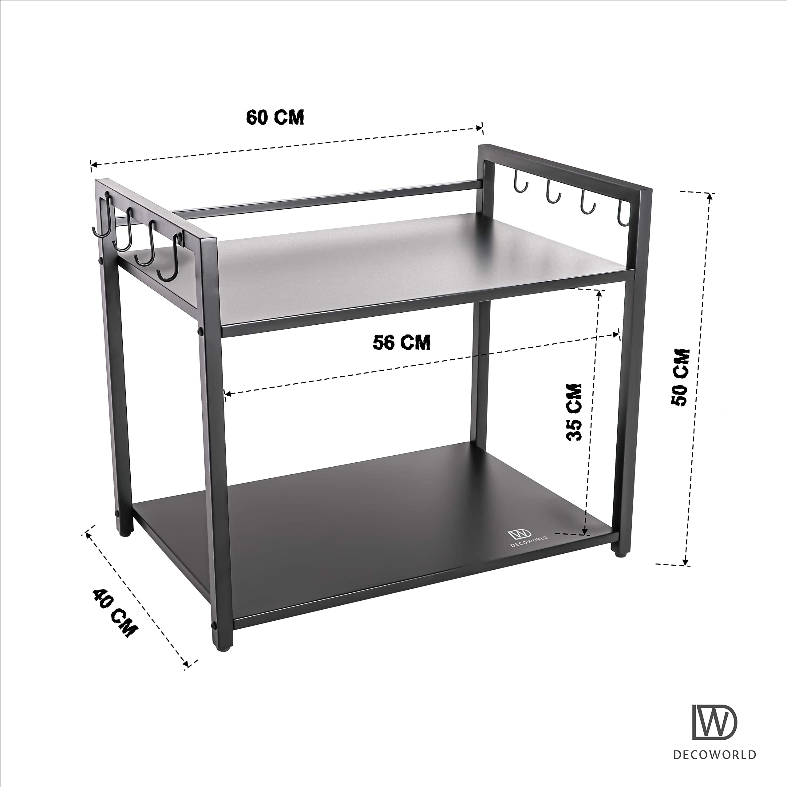 DECOWORLD || Metal Microwave Stand || Microwave & OTG Stand for Kitchen Counter|| Double Platform for Extra Storage with Hooks||