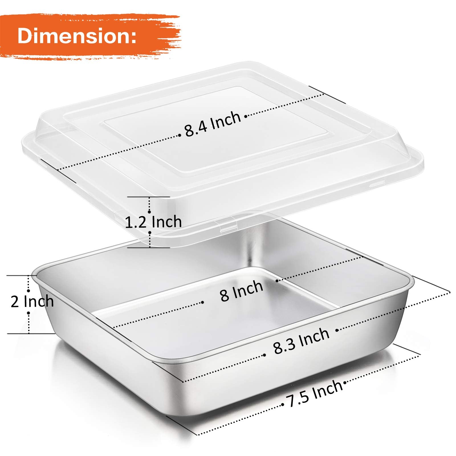 P&P Chef 8 Inch Square Baking Cake Pan With Lid, Stainless Steel Lasagna Brownie Pan And Plastic Cover For Picnic Wedding Birthd