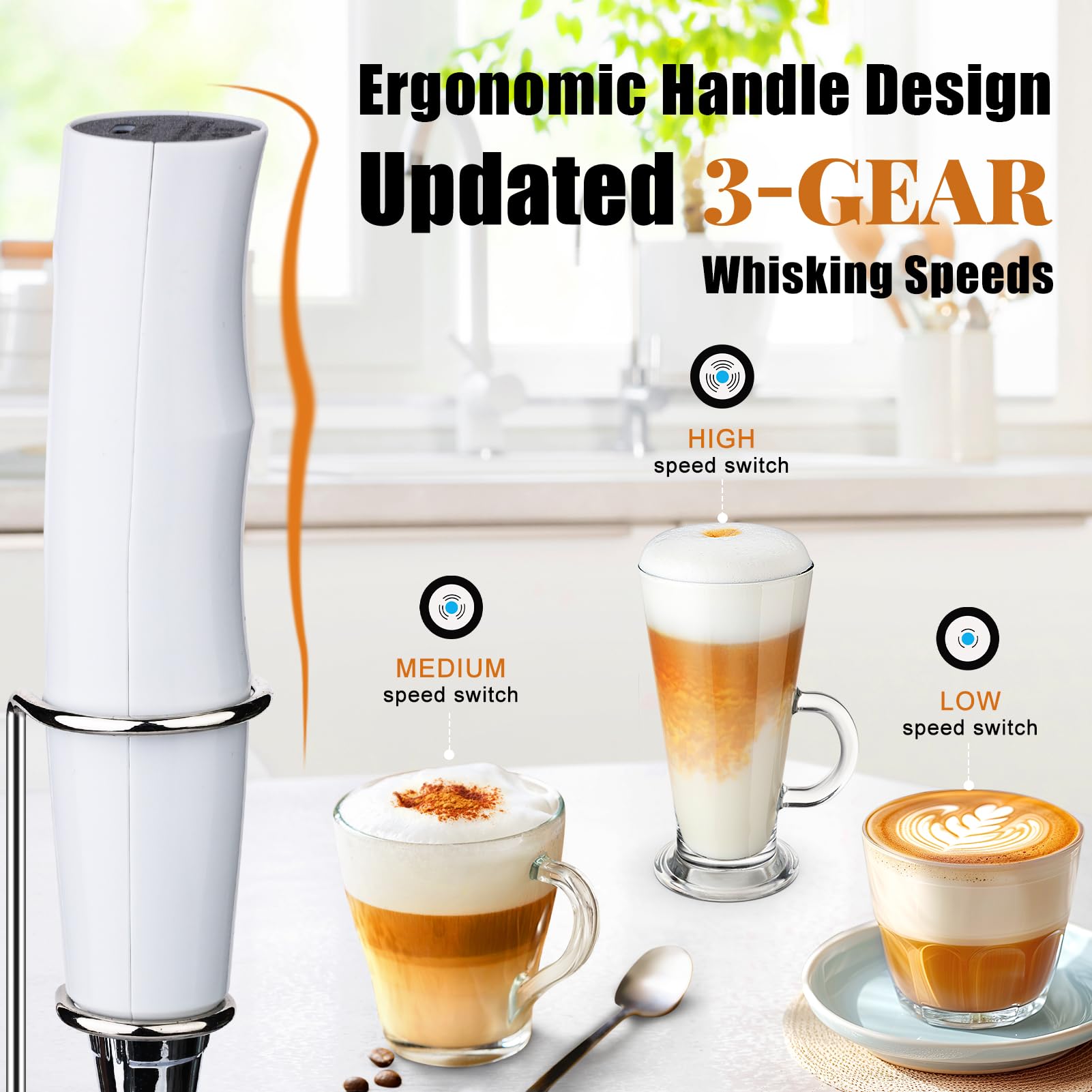 Nahida White Milk Frother Wand For Coffee, Frother Handheld With Stand Rechargeable Electric Whisk With 3 Heads 3 Speeds Drink M