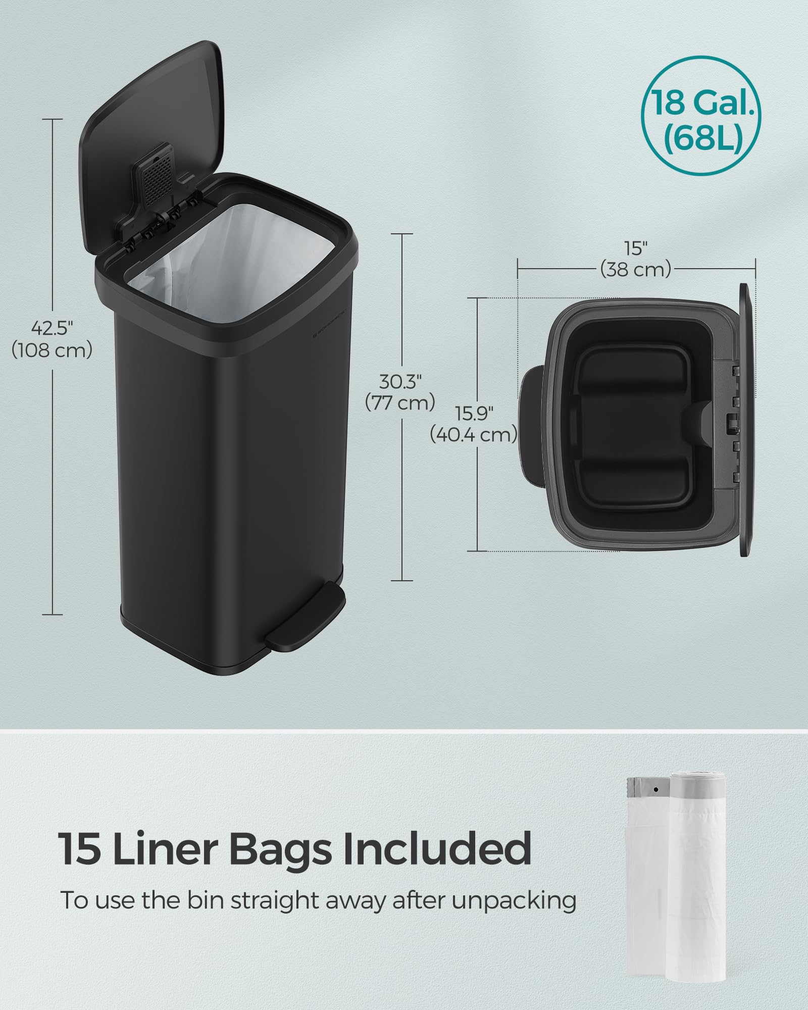 Songmics Kitchen Trash Can, 18-Gallon Stainless Steel Garbage Can, With Stay-Open Lid And Step-On Pedal, Soft Closure, Tall, Lar