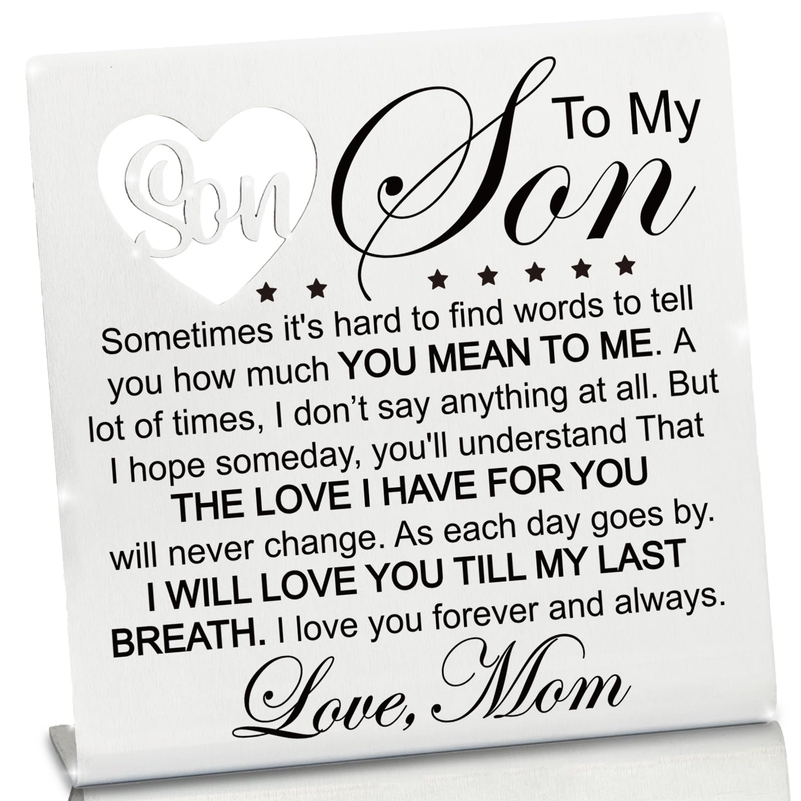 Stainless Steel Desk Plaque with Love Quote, Desk Decorative Sign for Son from Mom, Heartwarming Present for Son from Mother, Me
