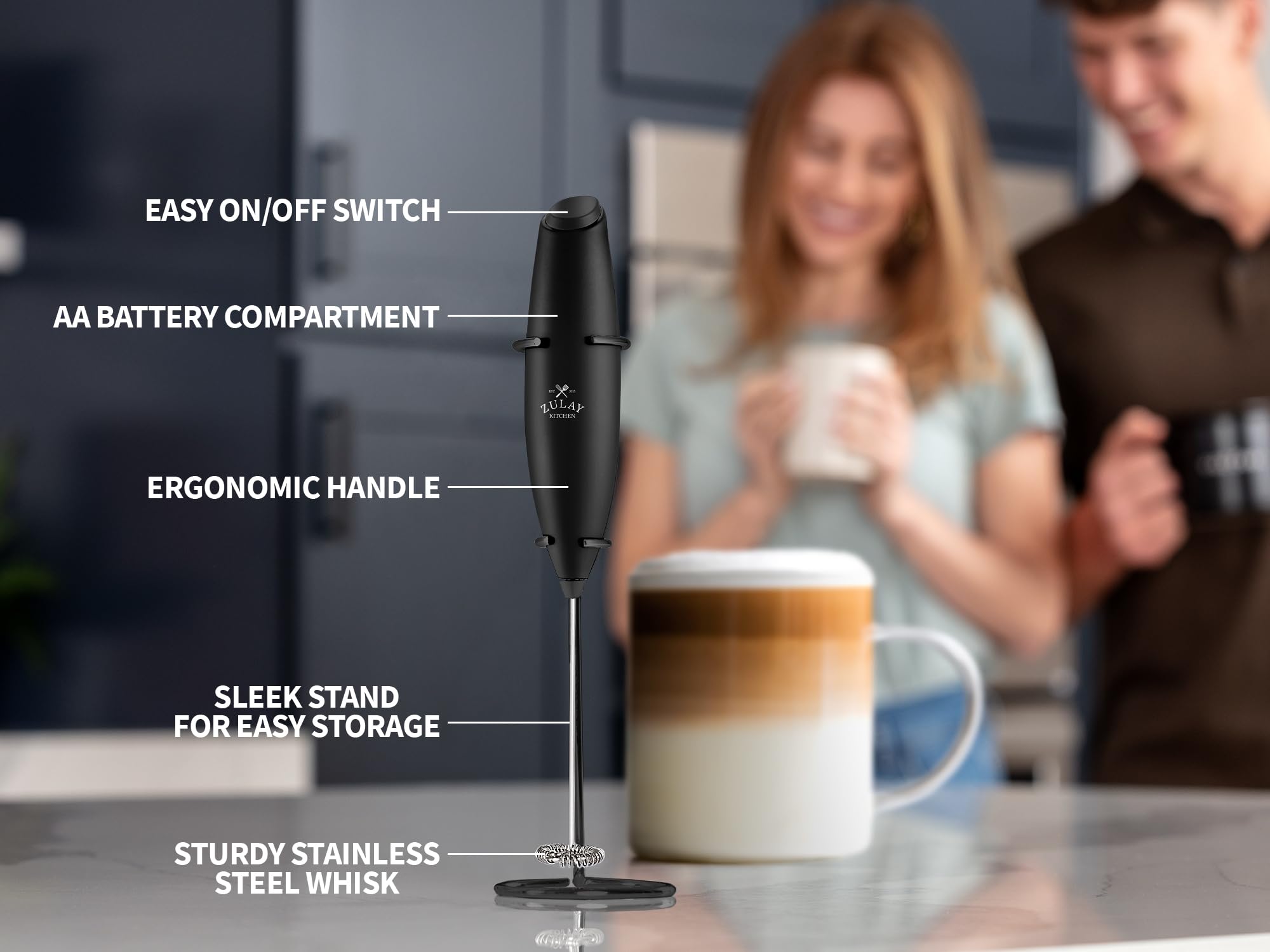 Zulay Kitchen Milk Frother Set - Latte Art Coffee Kit - Comes With Milk Frother Handheld, Stainless Steel Frothing Pitcher & Cof