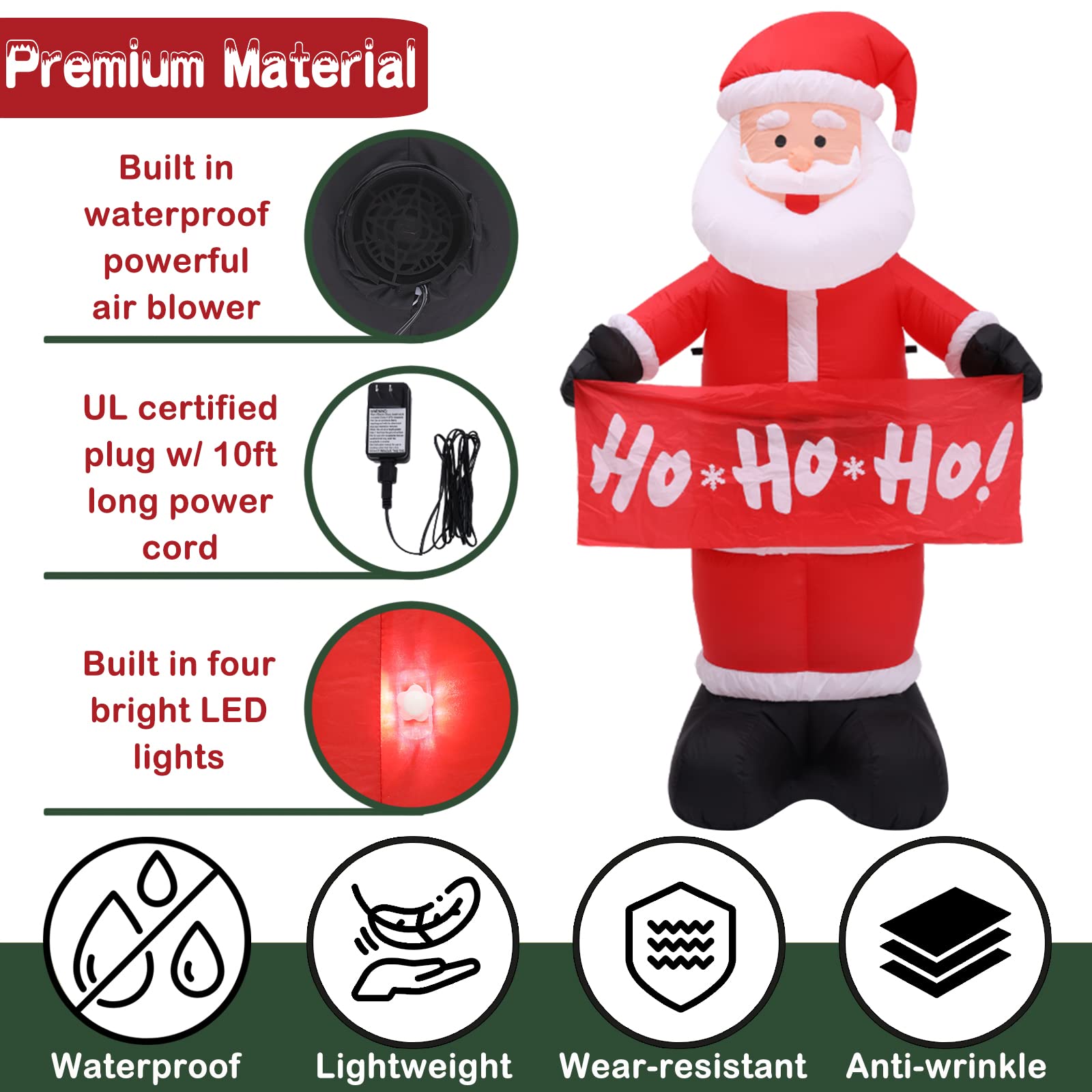 Buheco Christmas Inflatables Outdoor Decorations, 7FT Tall Inflatable Santa Claus Giant Blow Up Xmas Yard Decor with LED Lights
