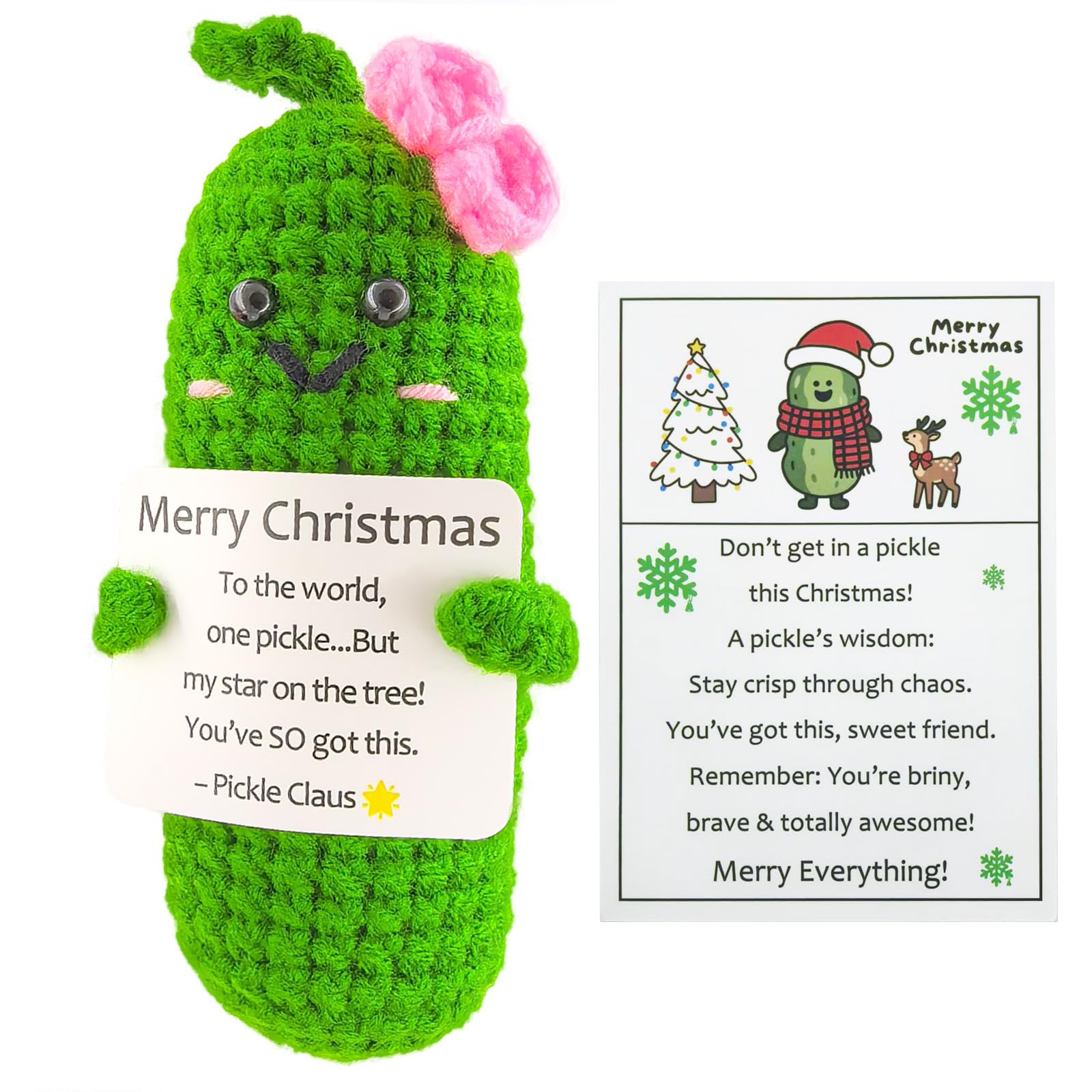 SIMXEHAY Handmade Crochet Merry Christmas Pickle Gift,Funny Festival Wishes Pickle Ornament with Encouragement Cards, Cute Knitt