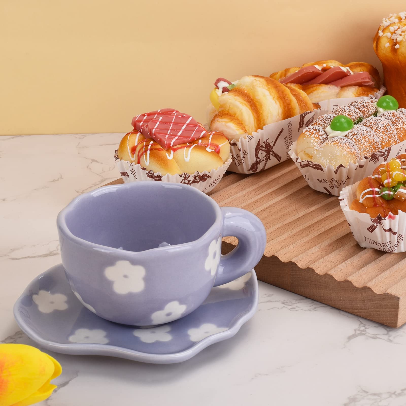 Koythin Ceramic Coffee Mug With Saucer Set, Cute Creative Cup Unique Irregular Saucer Design For Office And Home, 6 Oz/180 Ml Fo