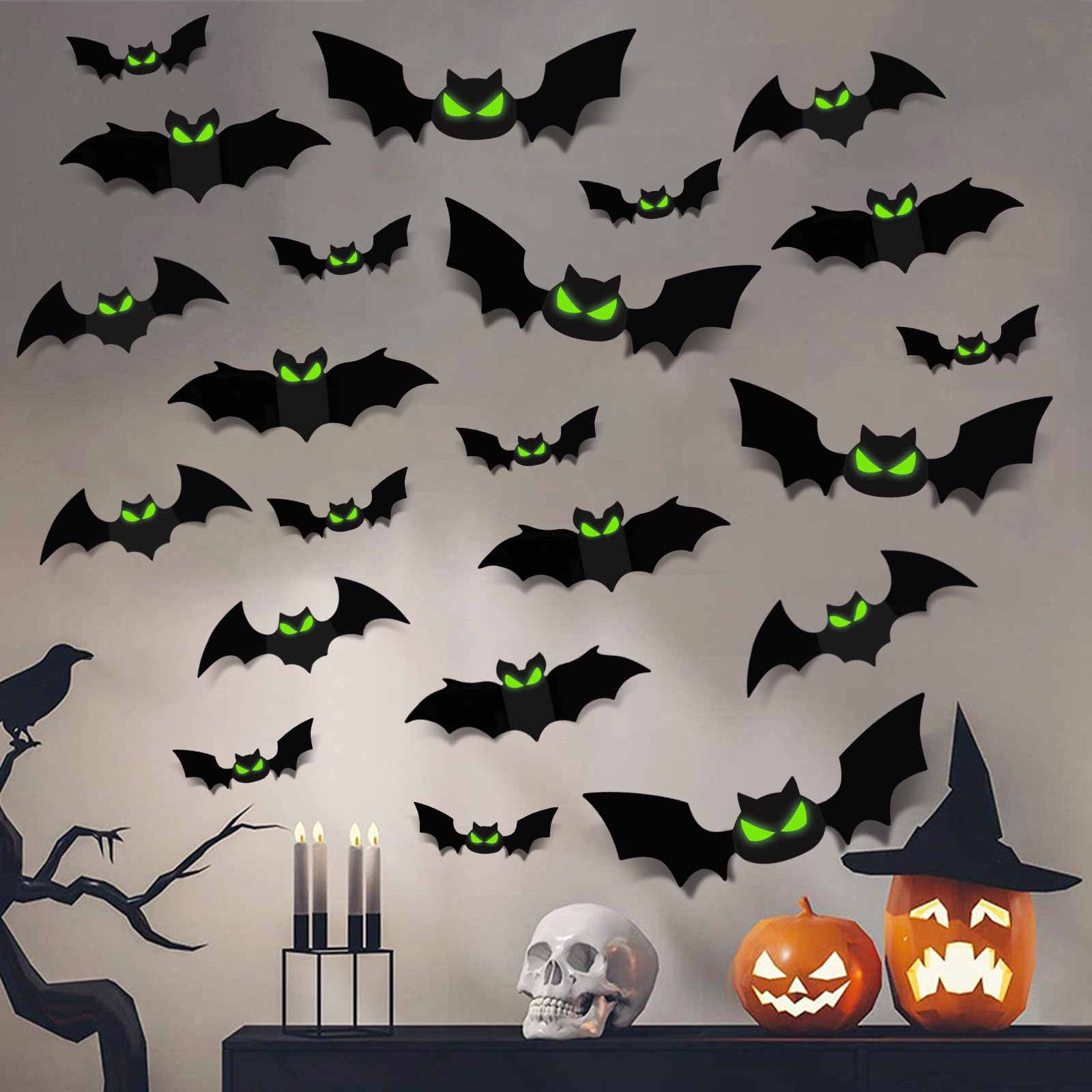 Fopinoa 3D Halloween Bats, 144 Pcs Bats Halloween Decor 4 Size Glow Bats Decorations Sticker Decals For Halloween Home Room Wall