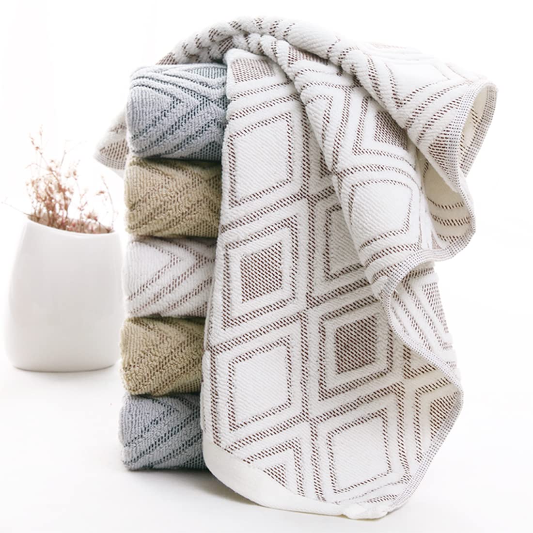 Pidada Hand Towels Set Of 4 Diamond Pattern 100% Cotton Absorbent Soft Decorative Towel For Bathroom 13.4 X 29.5 Inch (Brown)