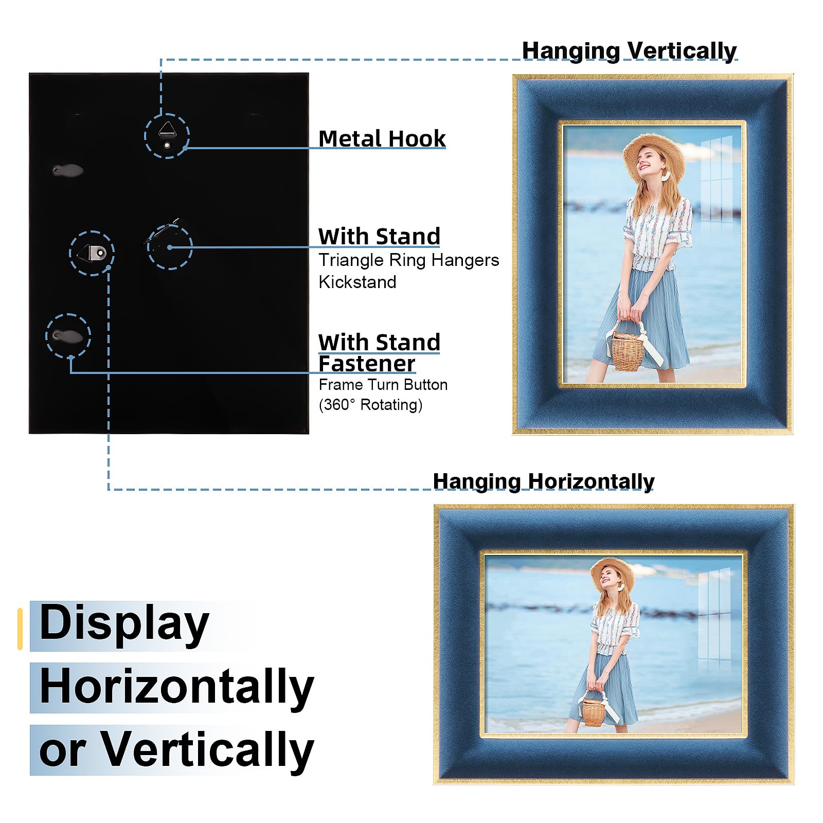 KSROECUD 5x7 Velvet Picture Frame, Navy Blue Photo Frames with Modern Simple Metallic Gold Border, HD Real Glass Horizontal & Ve