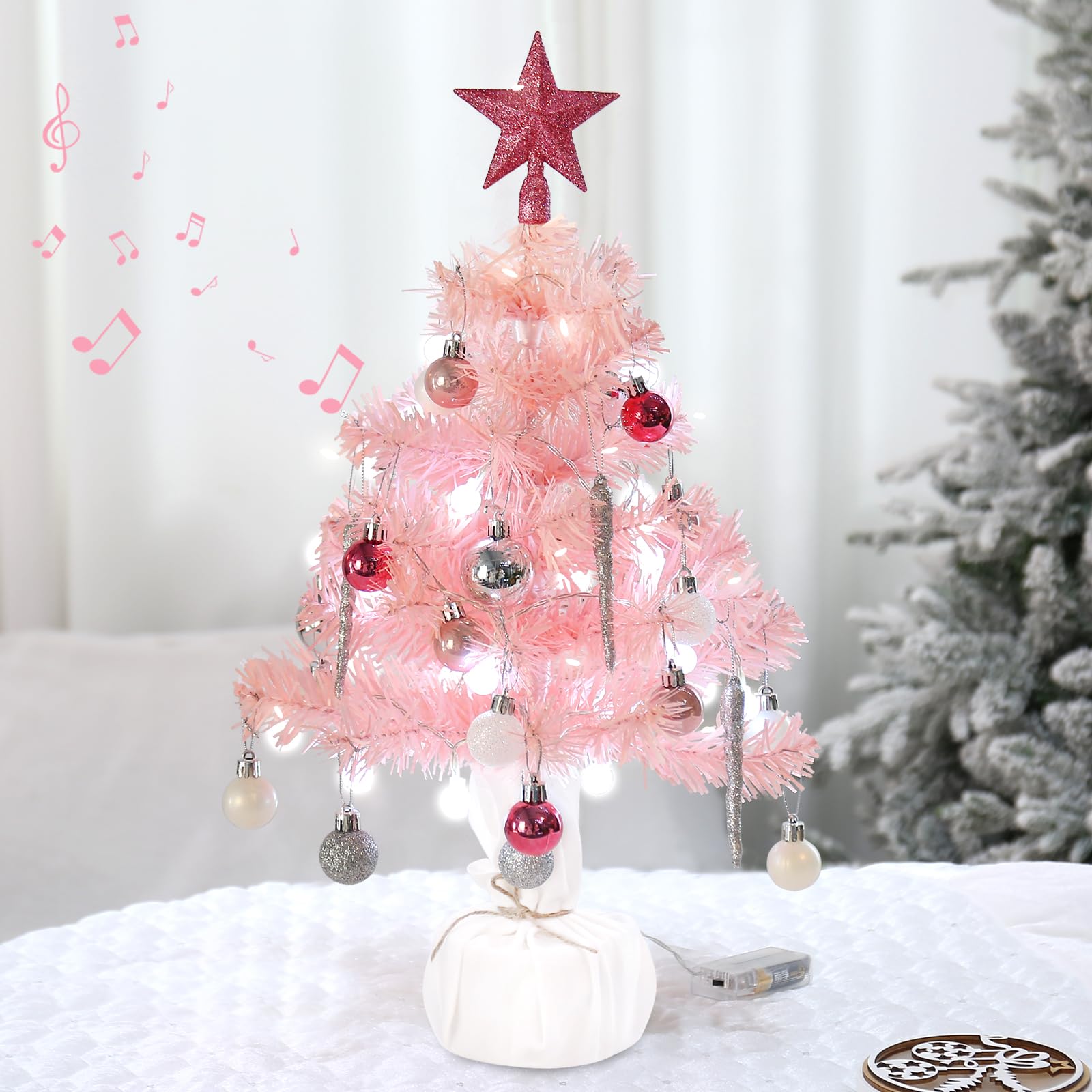 Mini Pink Christmas Tree, Small Christmas Tree with Music Tabletop Artificial Prelit Xmas Tree Christmas Decorations Indoor Outd