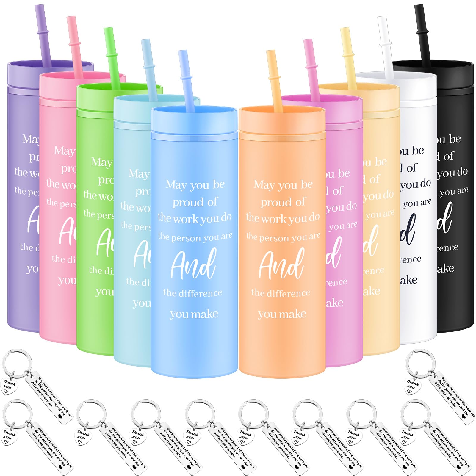 Mumufy 20 Pcs Employee Appreciation Gifts Bulk Thank You Team Employee Gifts with 16oz Skinny Tumbler Keychains for Social Worke