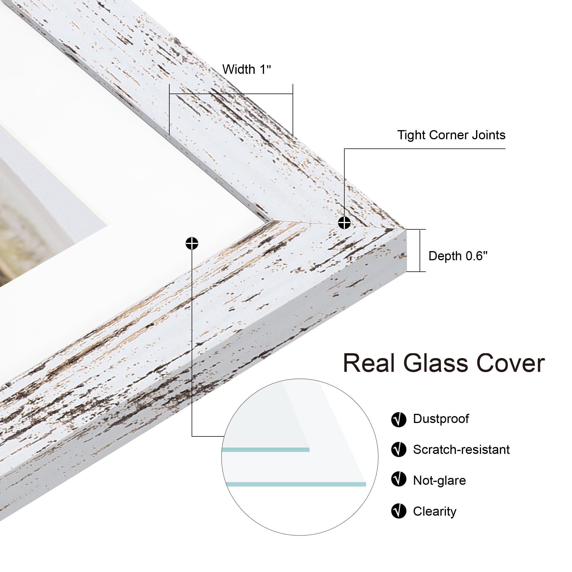 Hongkee 10x10 Picture Frame Set of 2, Real Glass and Distressed White Collage Frame, Display Pictures Four Opening 4x4 With Mat