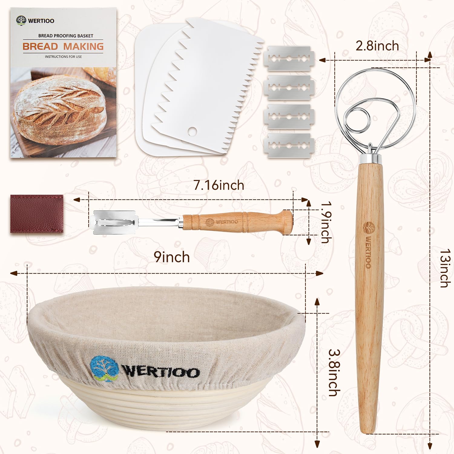 9 Inch Banneton Bread Proofing Basket, Wertioo Banneton Sourdough Proofing Basket Set Of 2+ Bread Making + Bread Lame+ Danish Wh