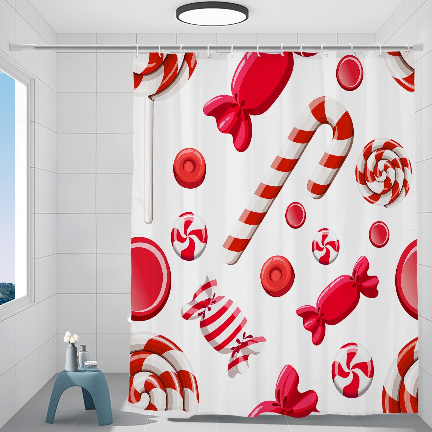 Batmerry Red White Brown Christmas Decorative Shower Curtain, Red White Green Sweet Peppermint Candy Striped Cute Long Wide With