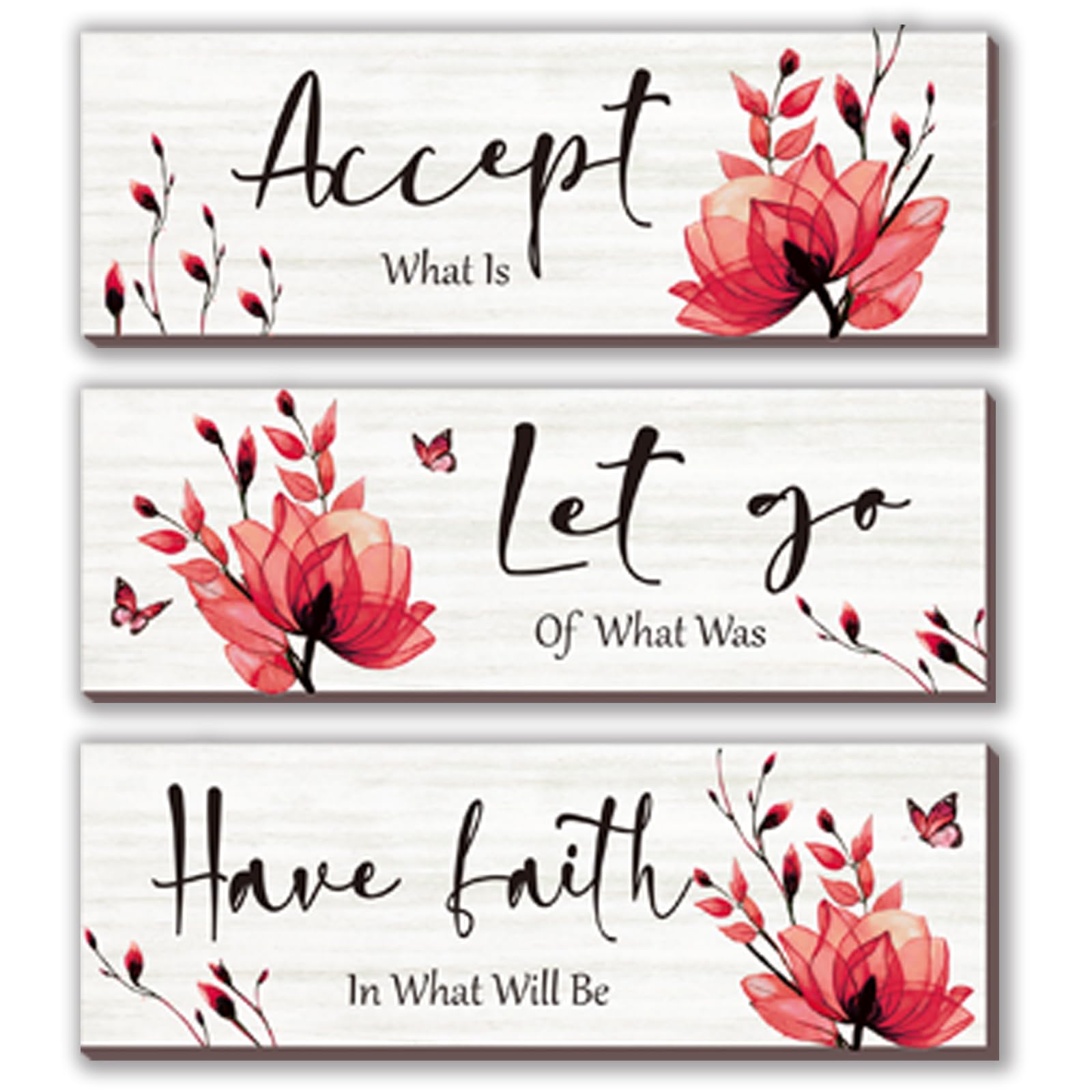 3 Pcs Red Bathroom Decor Rustic Flower Wall Art Accept Let Go Have Faith Farmhouse Bedroom Wall Decor Wooden Inspirational Quote