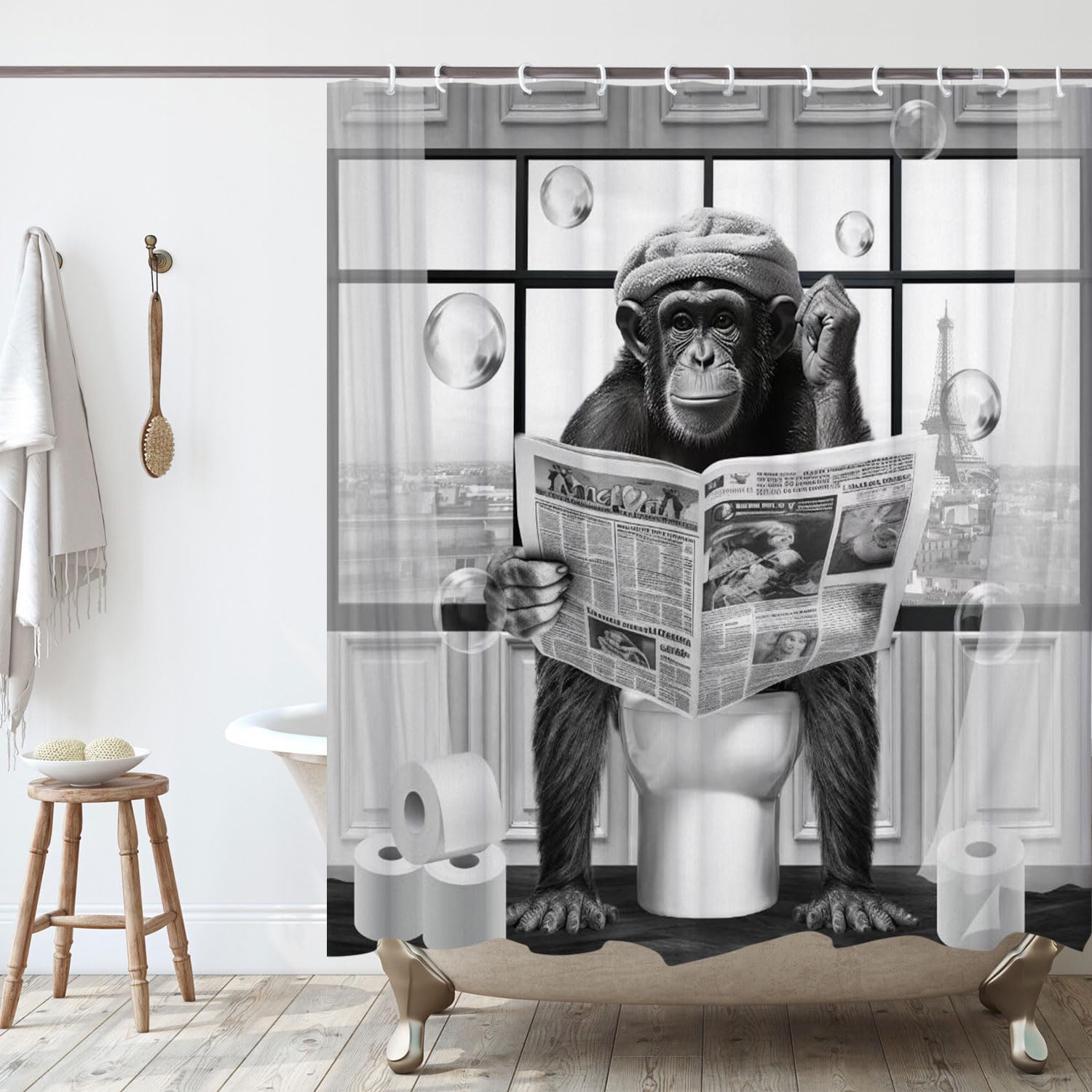 Lkfbsc Funny Monkey Shower Curtain, Black And White Fun Chimpanzee Animal On Toilet Bathroom Curtains, 72X72 Humorous Shower Cur