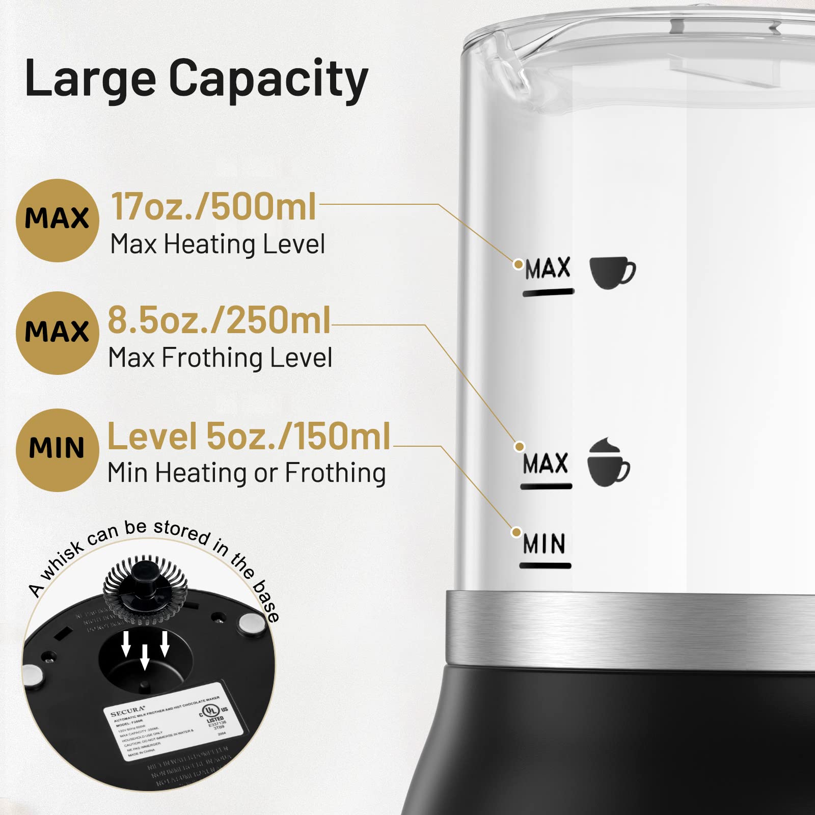 Secura 4-in-1 Milk Frother and Steamer, 17oz Glass Electric Warmer, Transparent, Model F280GL