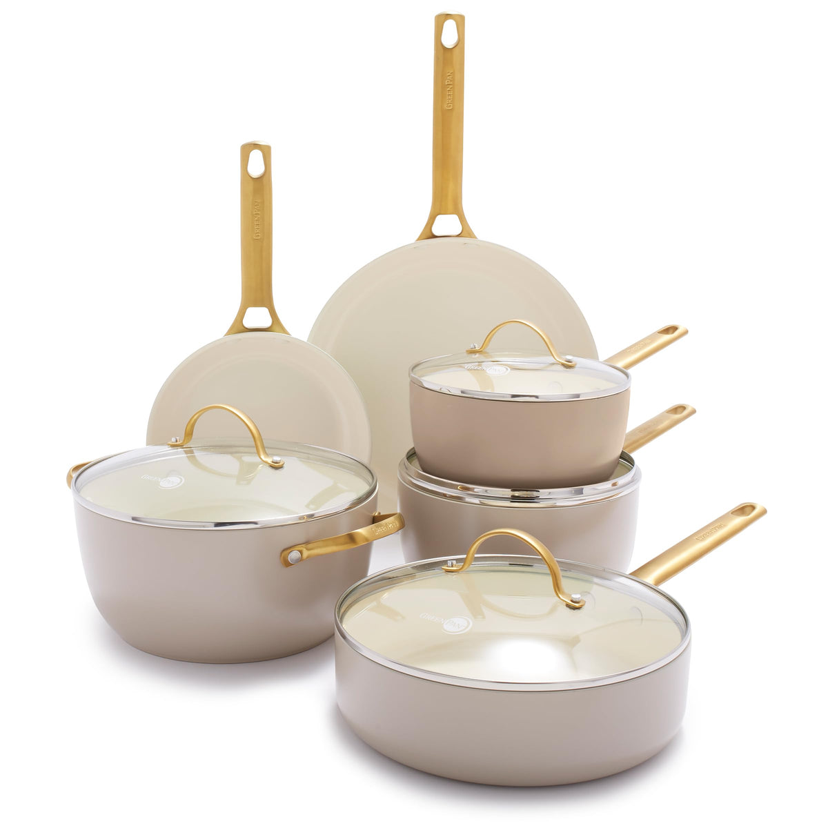 GreenPan Reserve 10 Piece Cookware Set, Non-Toxic PFAS-Free Hard Anodized Healthy Ceramic Nonstick, Stainless Steel Gold Handle,