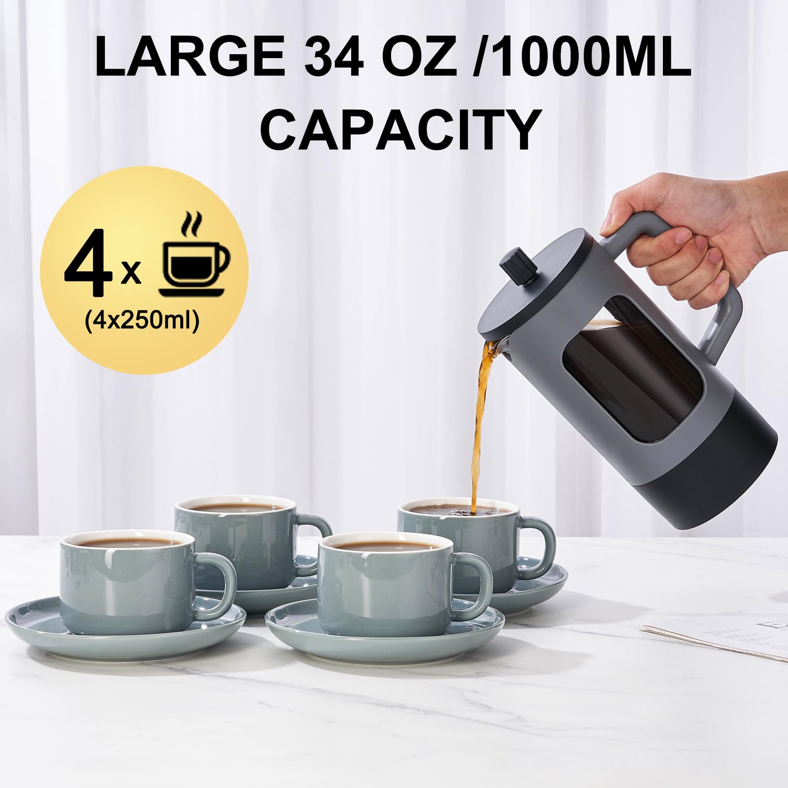 Yolife French Press Coffee Maker, 34 Oz / 4 Cup Coffee Tea Press With Heat-Resistant Borosilicate Glass, 4-Level Filtration Syst