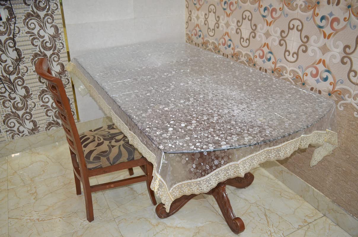 ROYALNEST Golden Lace 3D 6 and 8 Seater Table Cover Self Design Medium Size Transparent Table Cover