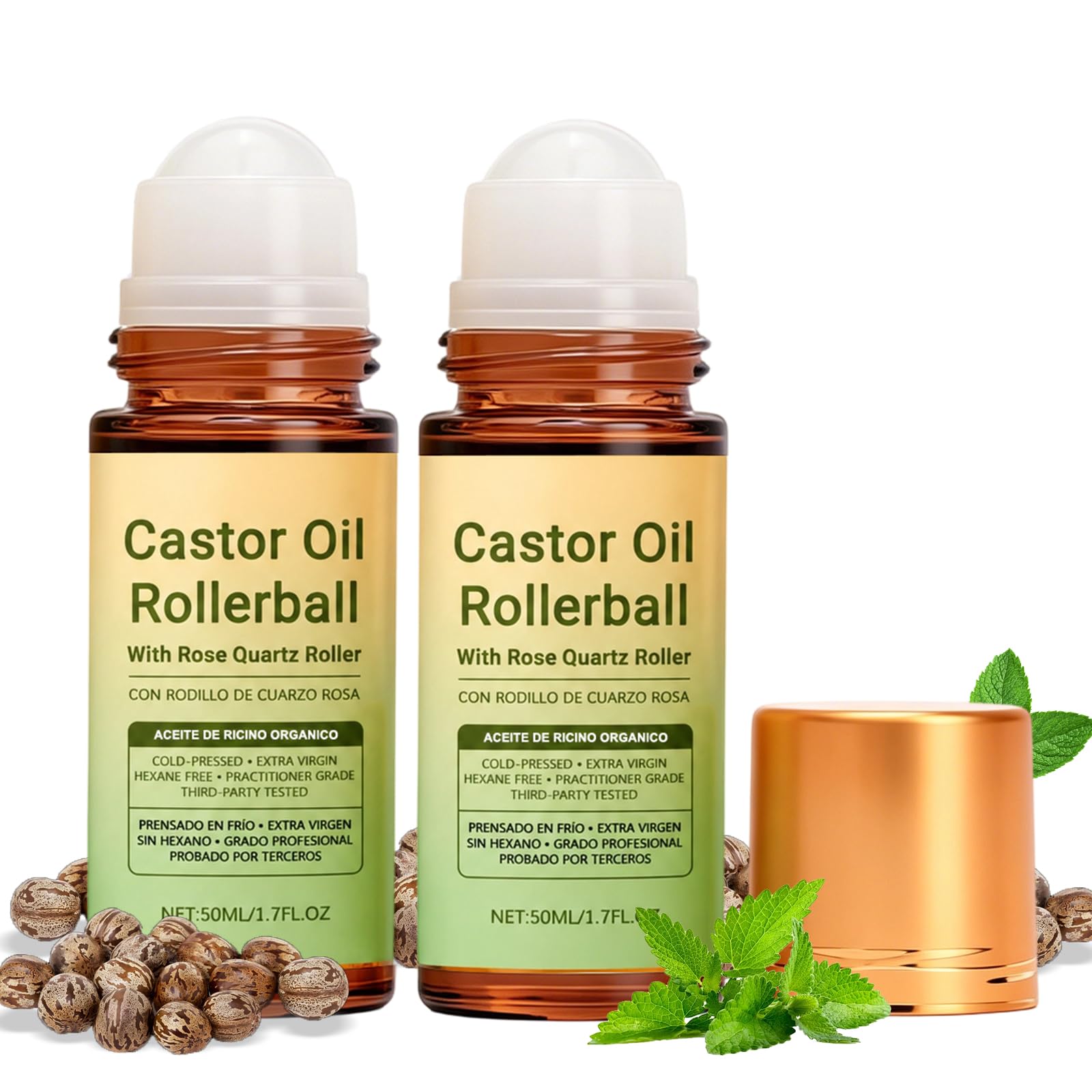 Egmsic 2 Pcs Rose Quartz Castor Oil Roller, Organic Castor Oil Rose Quartz Roller Ball, Cold Pressed Moisturizing Beauty Oil For