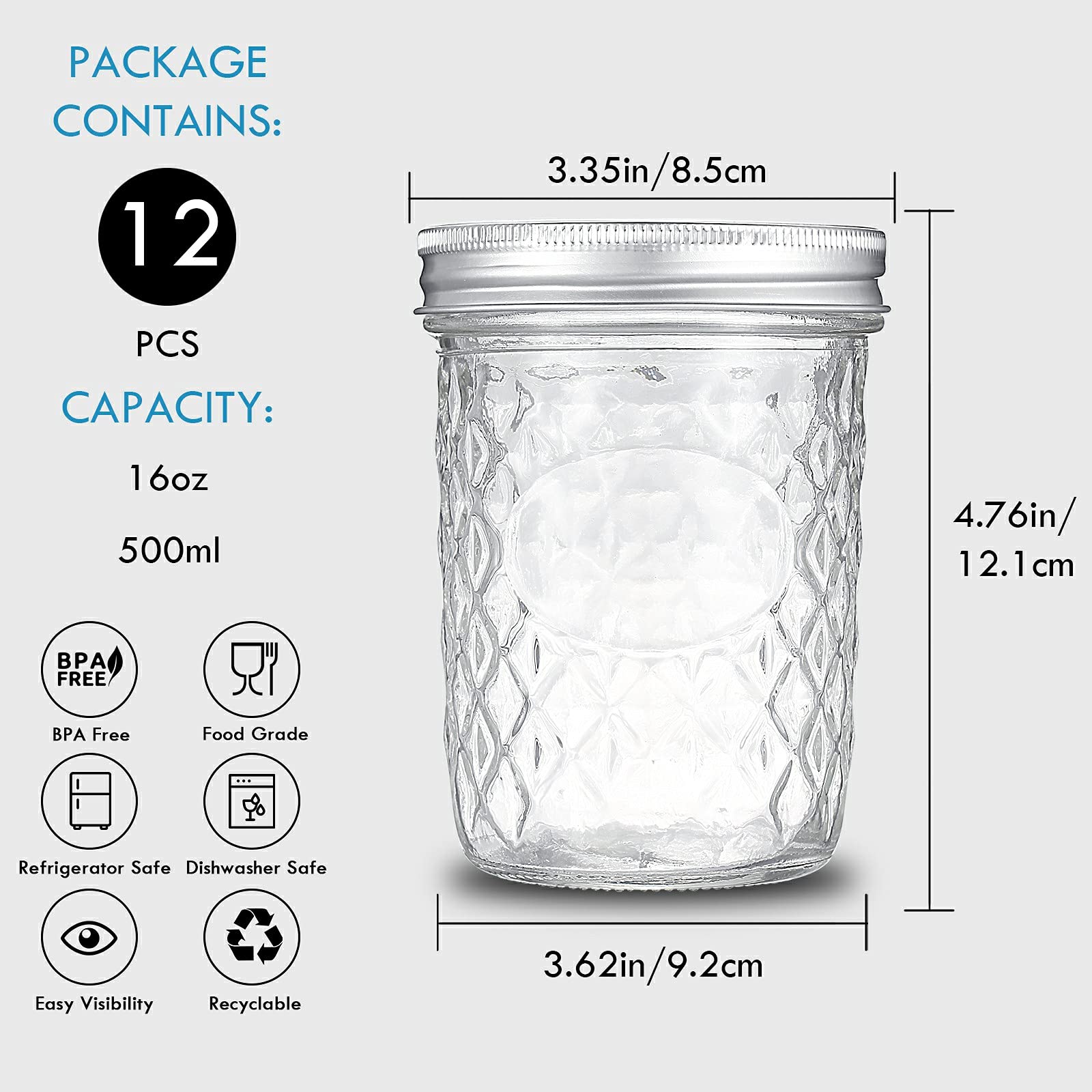 Yeboda 16 Oz Mason Jars Wide Mouth Canning Jars 12 Pack Glass Jars With Silver Metal Airtight Lids And Bands For Jam, Honey, Wed