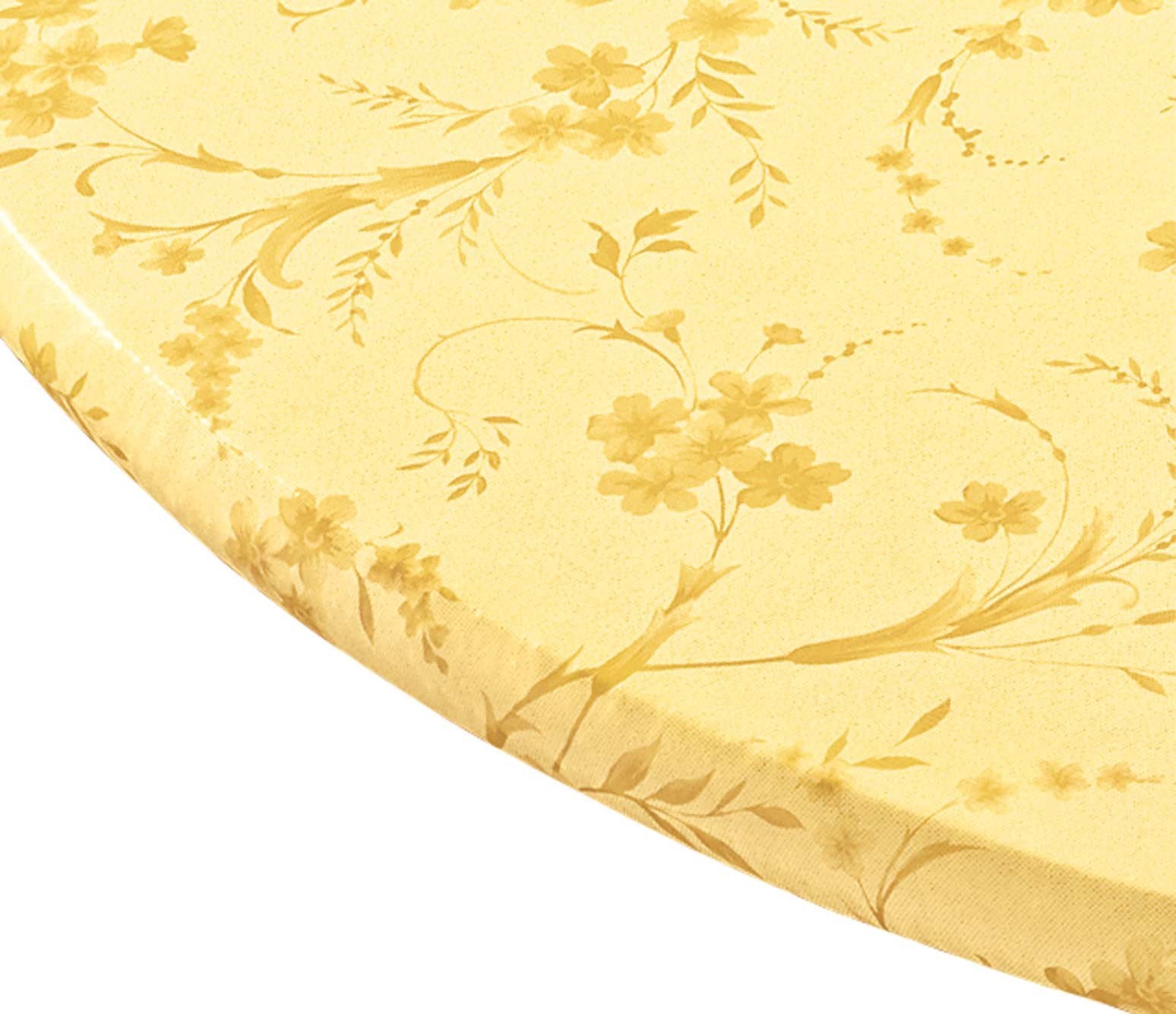Miles Kimball Floral Swirl Vinyl Elasticized Table Cover, 40 - 44 Inch Dia Round, Yellow