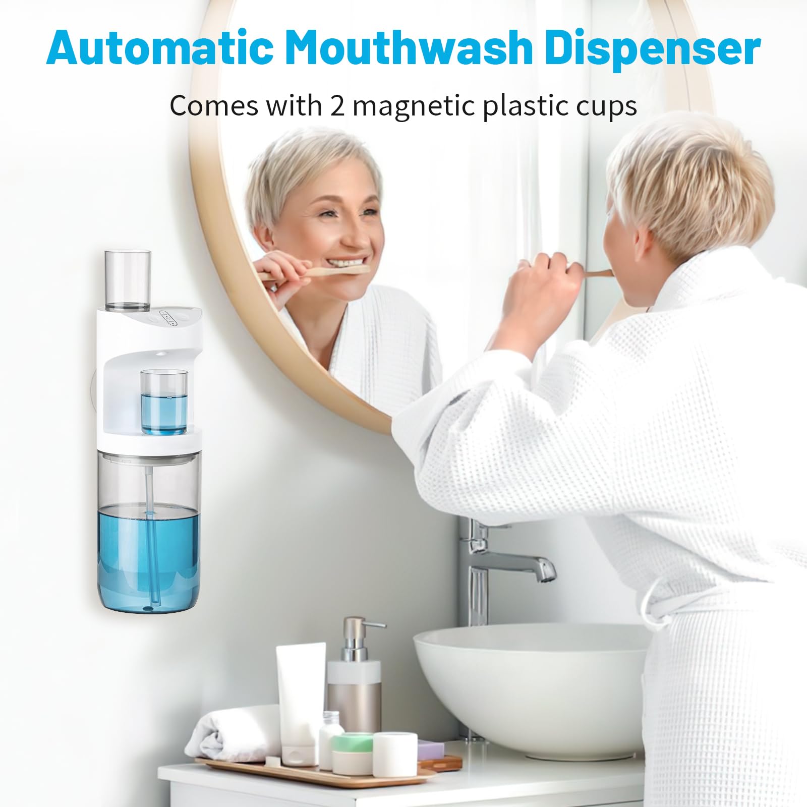 Fovvzdil Automatic Mouthwash Dispenser, 19.35Oz Touchless Electric Wall-Mounted & Countertop, Rechargeable Mouth Wash Dispensers