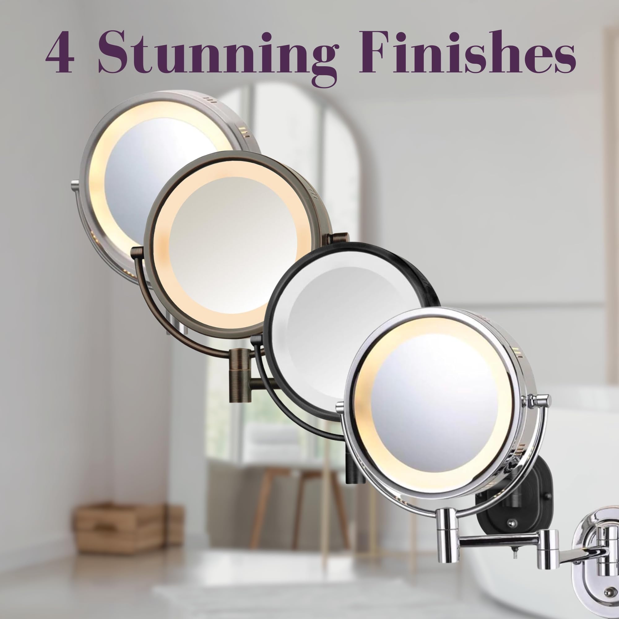JERDON Wall-Mounted Makeup Mirror with 5X Magnification - Black Makeup Mirror with LED Lights - Plug in - Model HL65BK