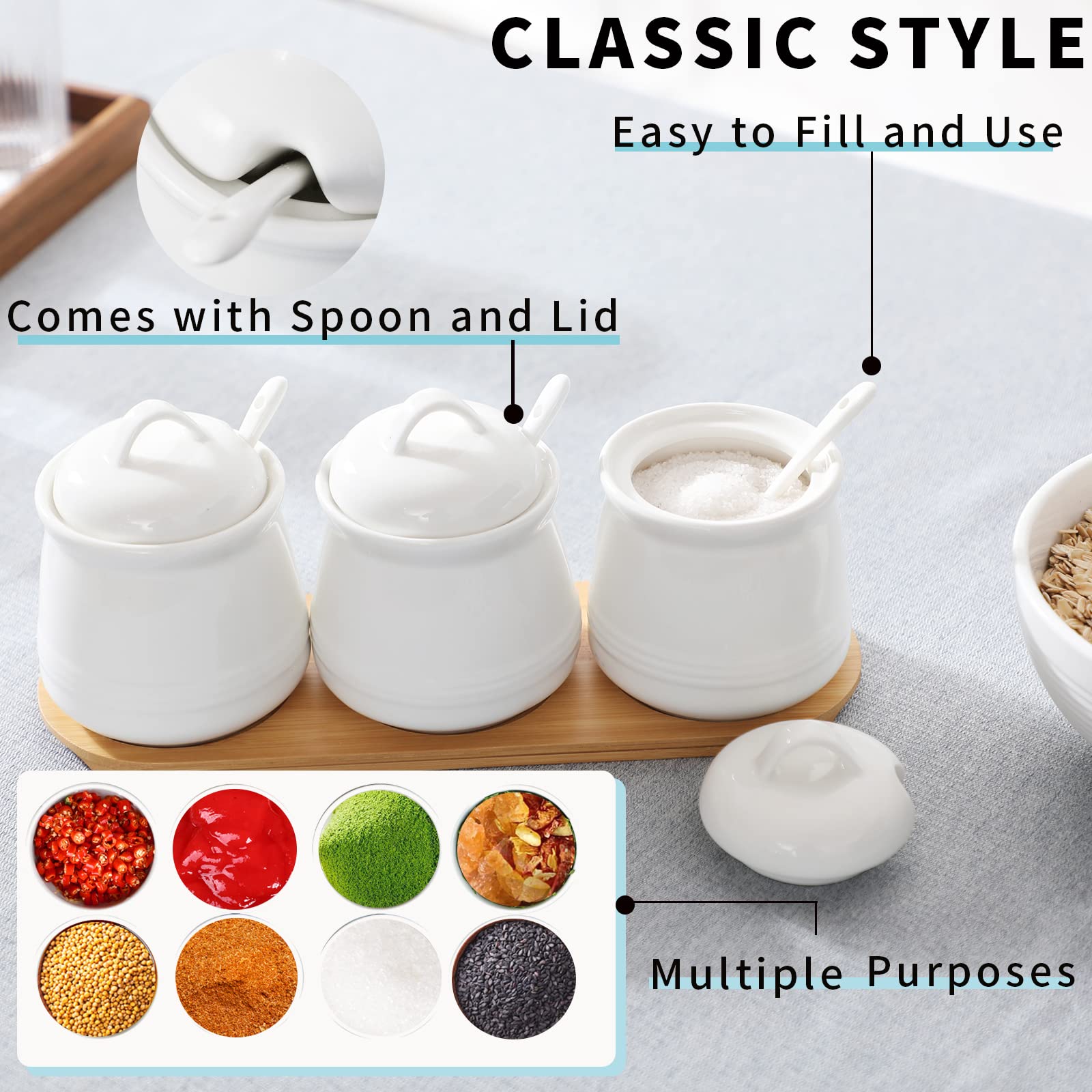 Haotop Porcelain Condiment Jar 3 Pack Set With Tray, 12 Ounces White