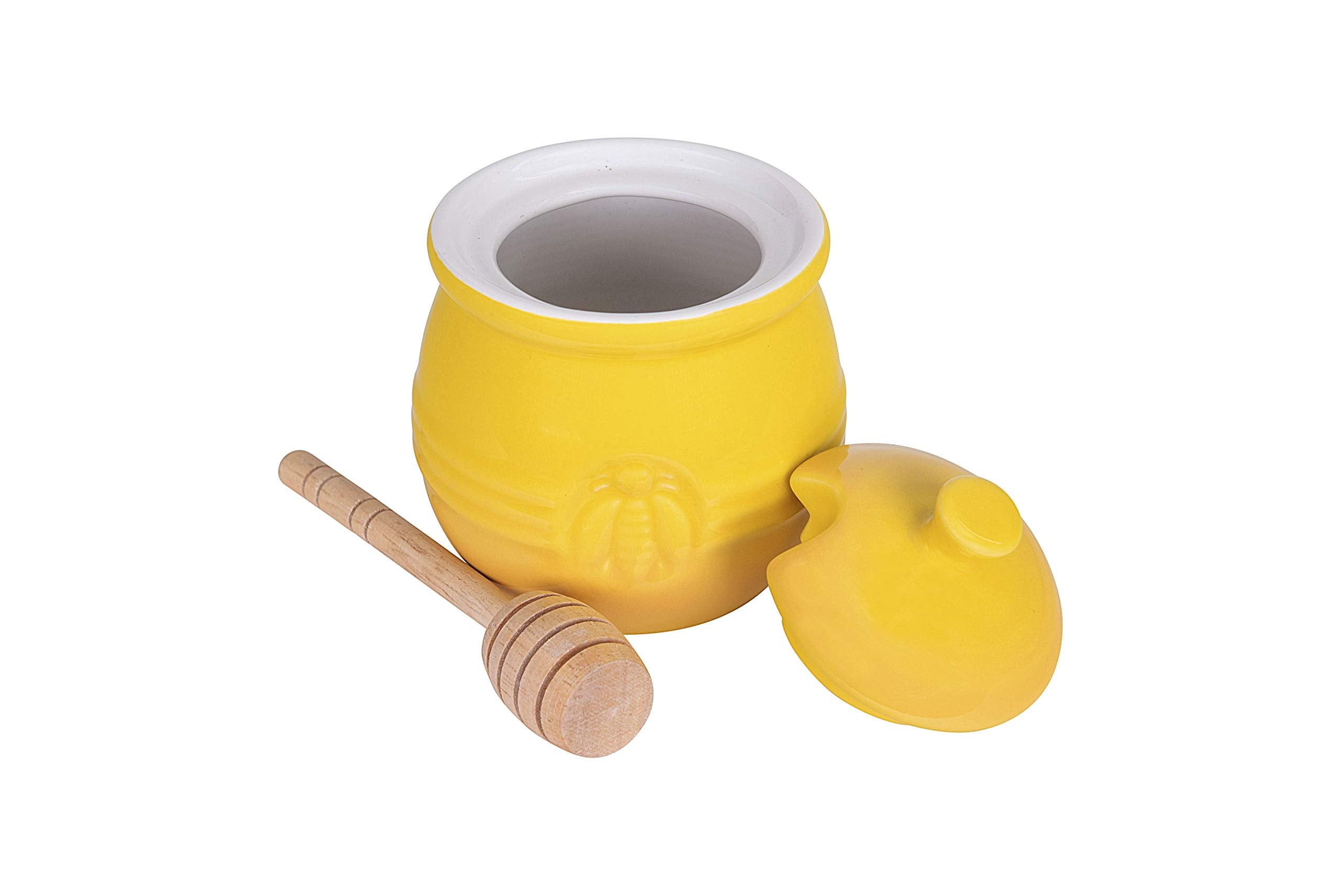 Creative Co-Op Farmhouse Embossed Stoneware Honey Pot with Wood Honey Dipper  Yellow