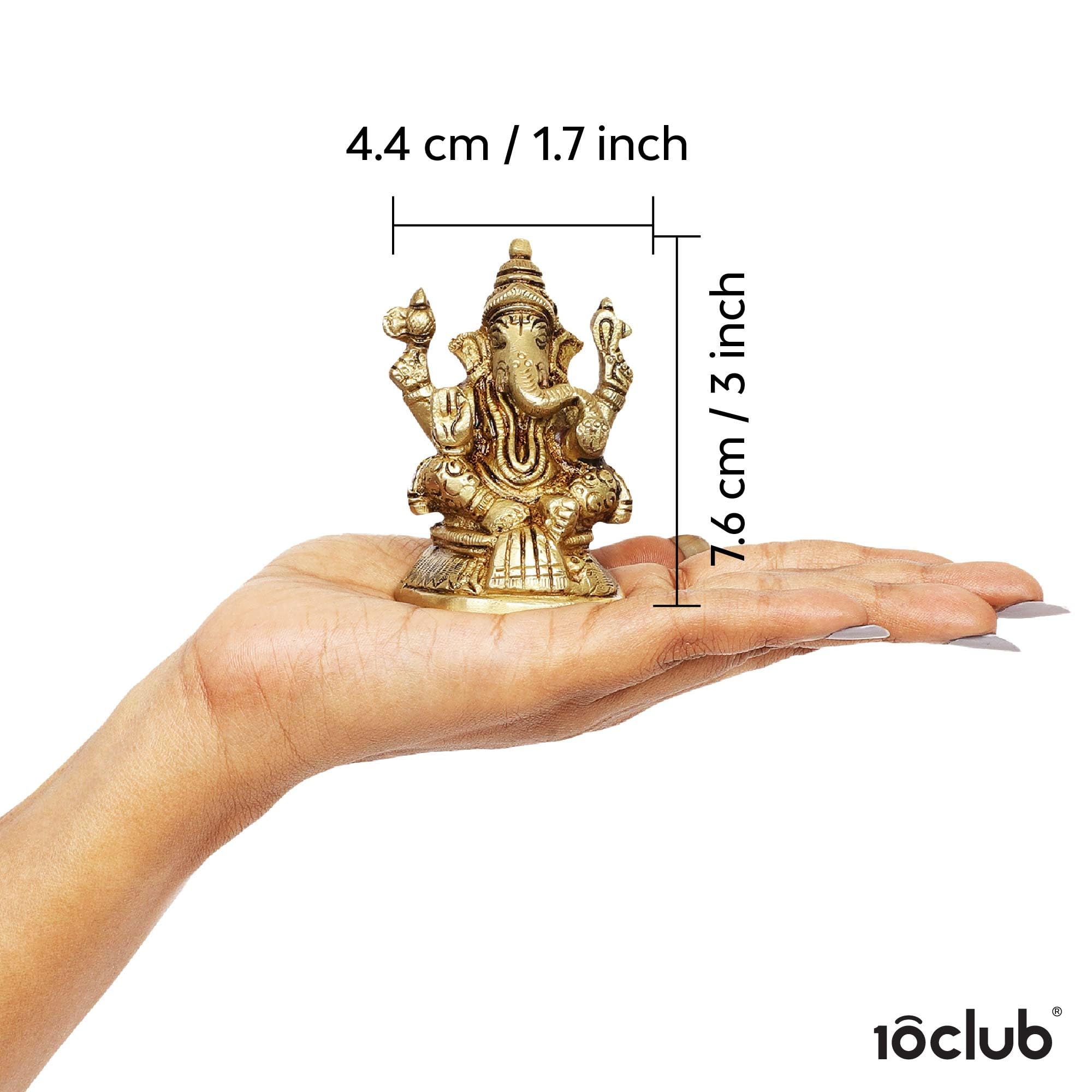 10Club Lord Ganesha Idol - 1Pc (7.6 cm, 300 Grams) - 100% Pure Brass | Mandir Ganesh Idol (Murti) For Desk, Car, Home Decor and