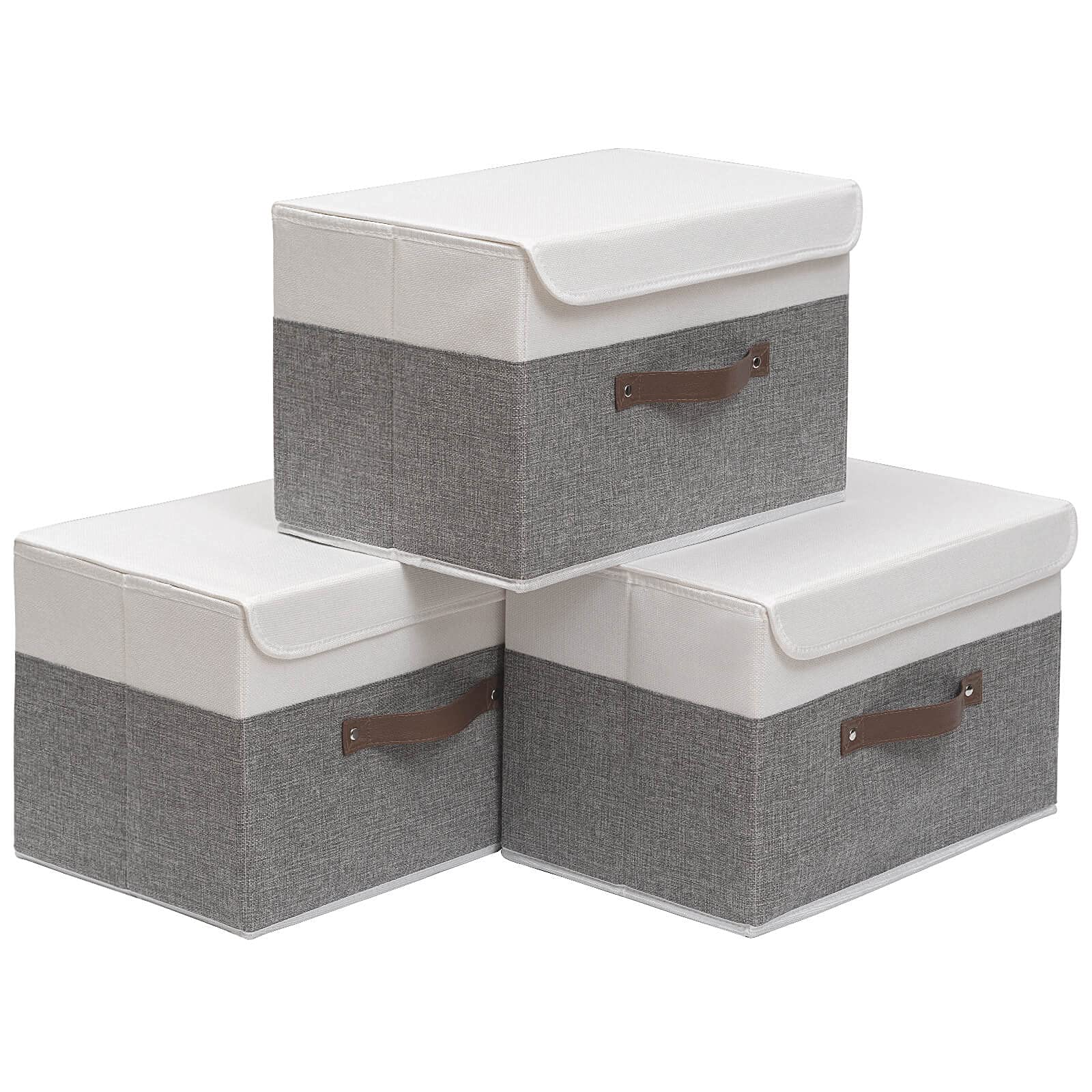 Outbros Foldable Storage Boxes, Large Linen Fabric, 15 X 9.8 X 9.8 Inch, White/Grey, 3-Pack