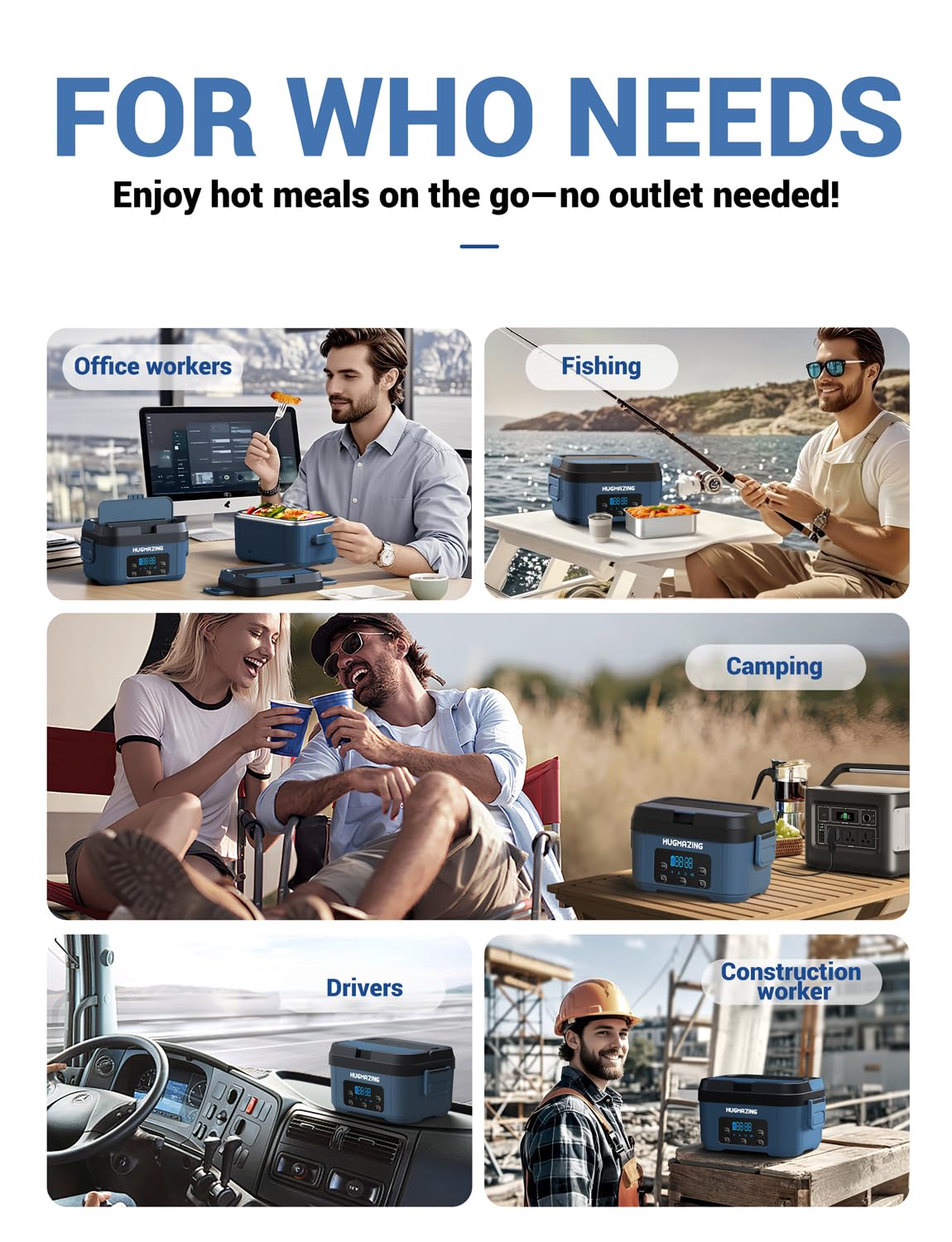 Hugmazing Cordless Electric Lunch Box, 1100ML Stainless Steel, Deep Blue, Model HG-CHARGE, Self-Heating Food Warmer for Work & Travel