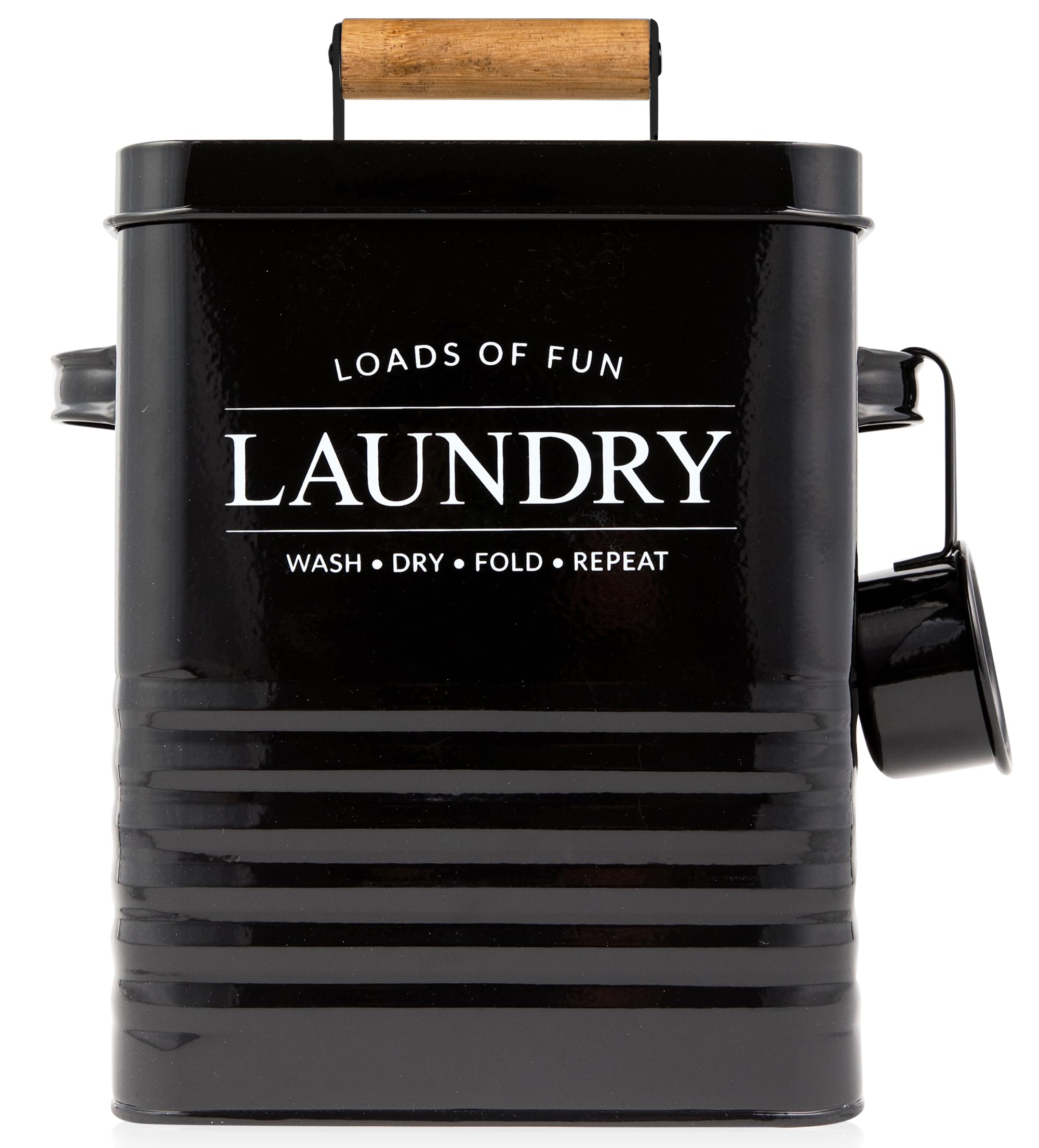 Calindiana Modern Farmhouse Metal Laundry Soap Dispenser Container Holder with Scoop for Laundry Room Decor and Space Saving Laundry Room Organization and Storage  Laundry Powder Container  Black