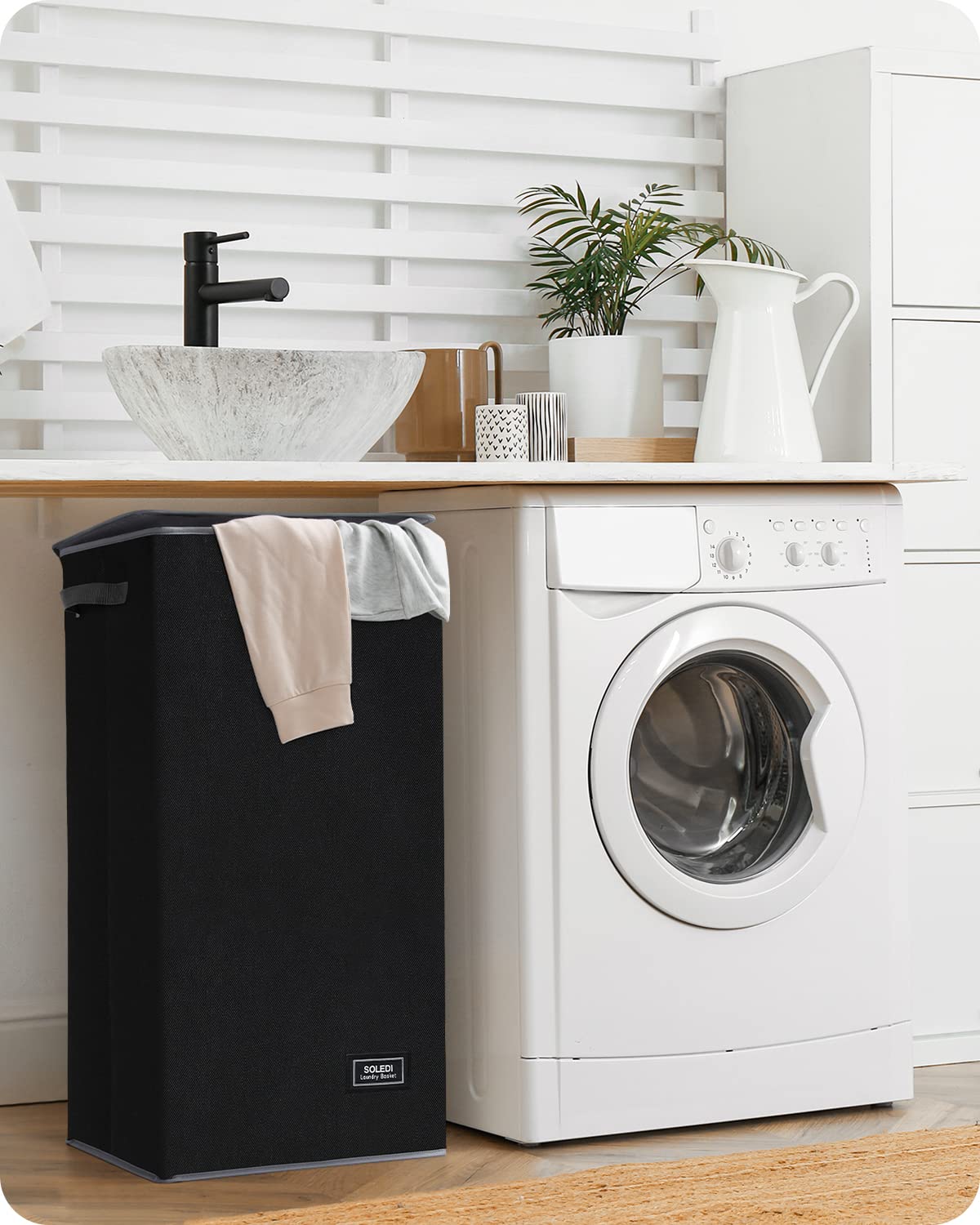 SOLEDI Laundry Hamper Black with Lid and Removable Bag - 100L Large and Tall Laundry Basket Collapsible with Handle for Clothing and Toys Storage - Dirty Clothes Hamper for Bedroom  bathroom  dorm