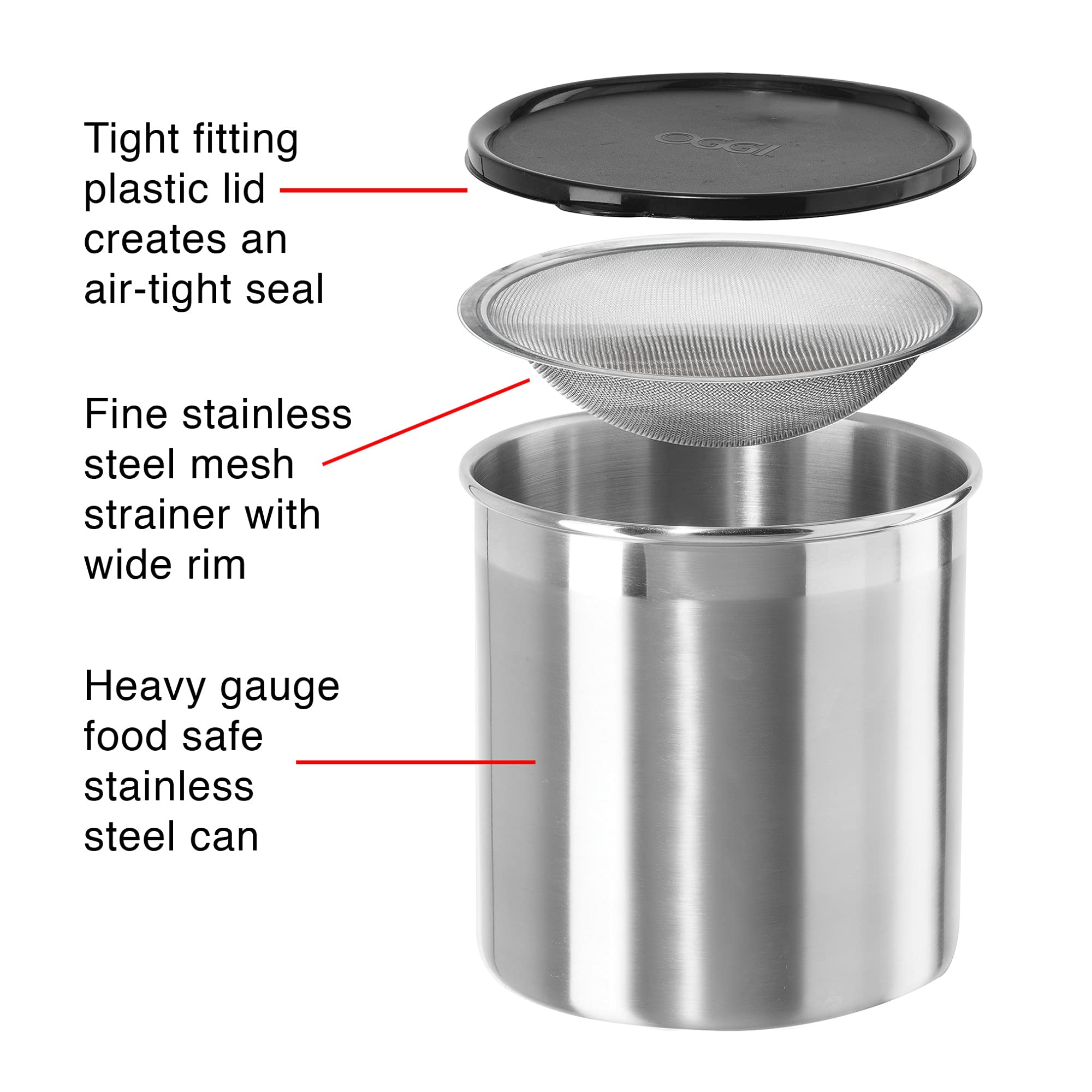 Oggi Stainless Steel Jumbo Grease Container With Removable Strainer And Snug Lid. Perfect Container For Fryer Oil, Bacon Drippin
