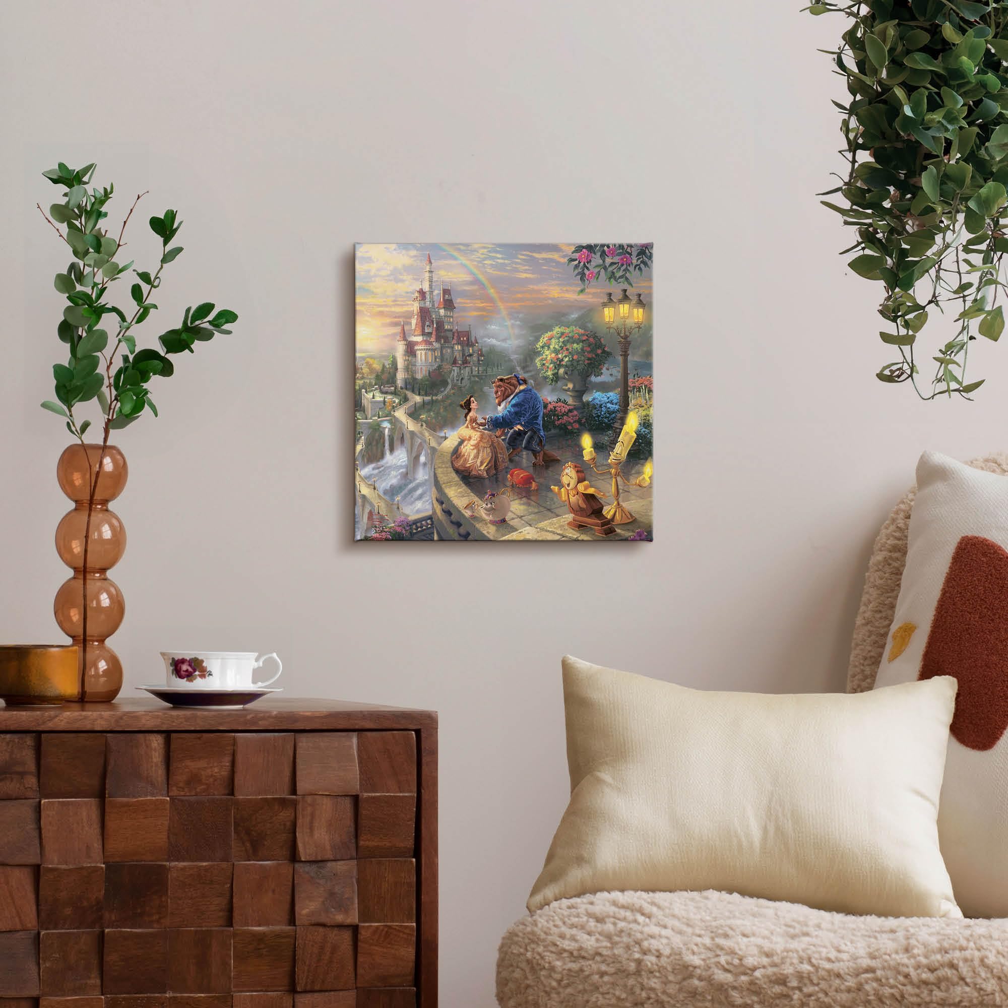 Thomas Kinkade Disney Beauty And The Beast Falling In Love Gallery Wrapped Canvas Art | Frameless Wall Art Decor | Certificate O