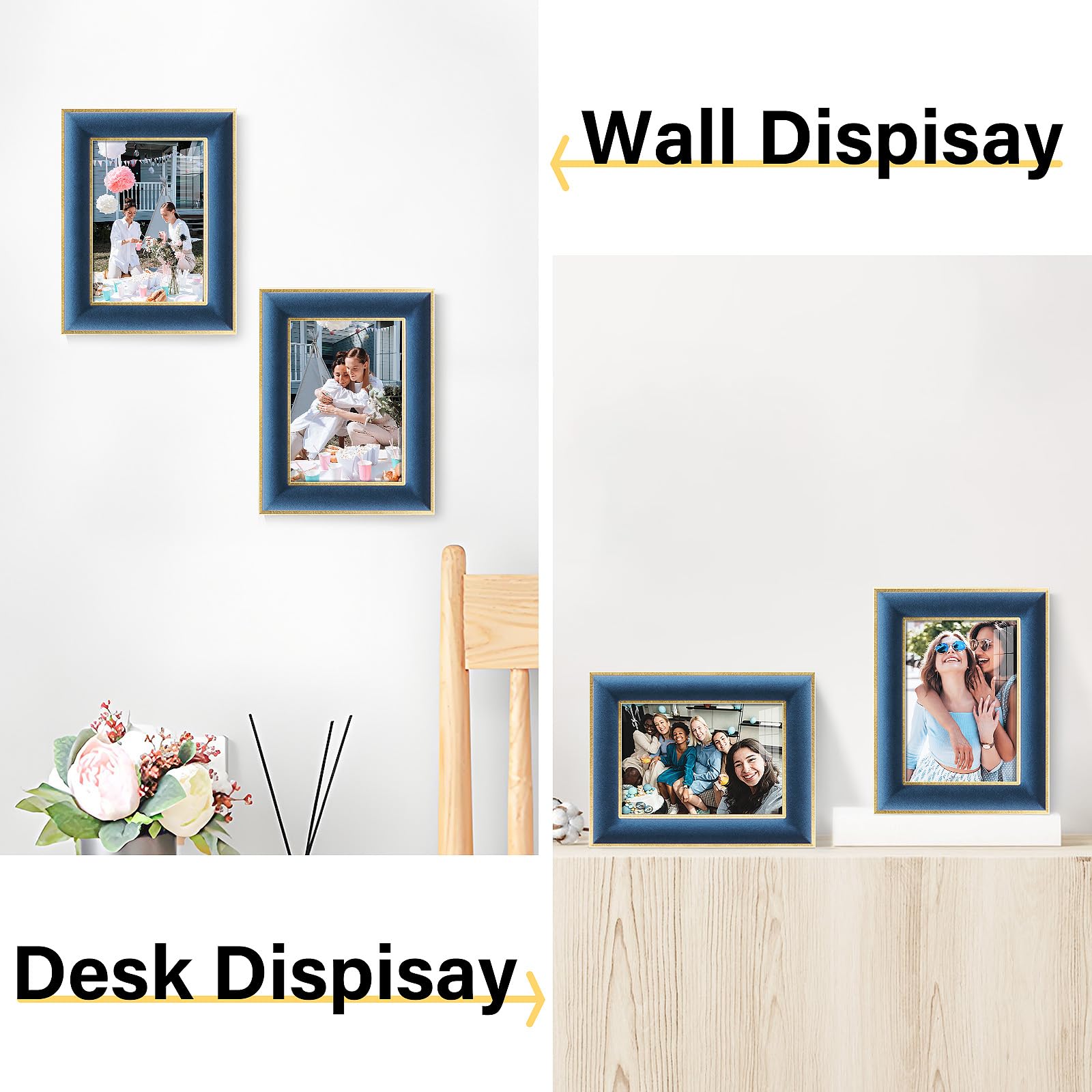 KSROECUD 5x7 Velvet Picture Frame, Navy Blue Photo Frames with Modern Simple Metallic Gold Border, HD Real Glass Horizontal & Ve